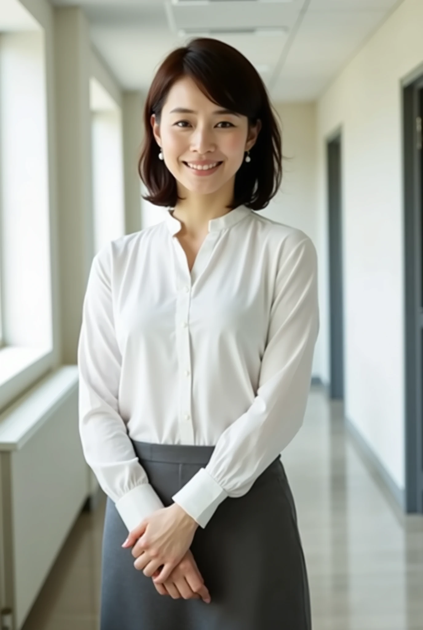 yuriko ishida,(masterpiece, best quality, ultra-detailed, 8k, RAW photo, photorealistic, cinematic lighting), (masterpiece, best quality, ultra-detailed, 8k, RAW photo, photorealistic, cinematic lighting),  
a beautiful 40-year-old Japanese woman, well-balanced mature figure,wearing a modest but stylish blouse and long skirt, gentle and composed expression, E-cup bust, standing near office room during daytime , calm and intellectual atmosphere, soft natural sunlight from windows, smile, shallow depth of field, cinematic and emotional composition, candid photography feel
