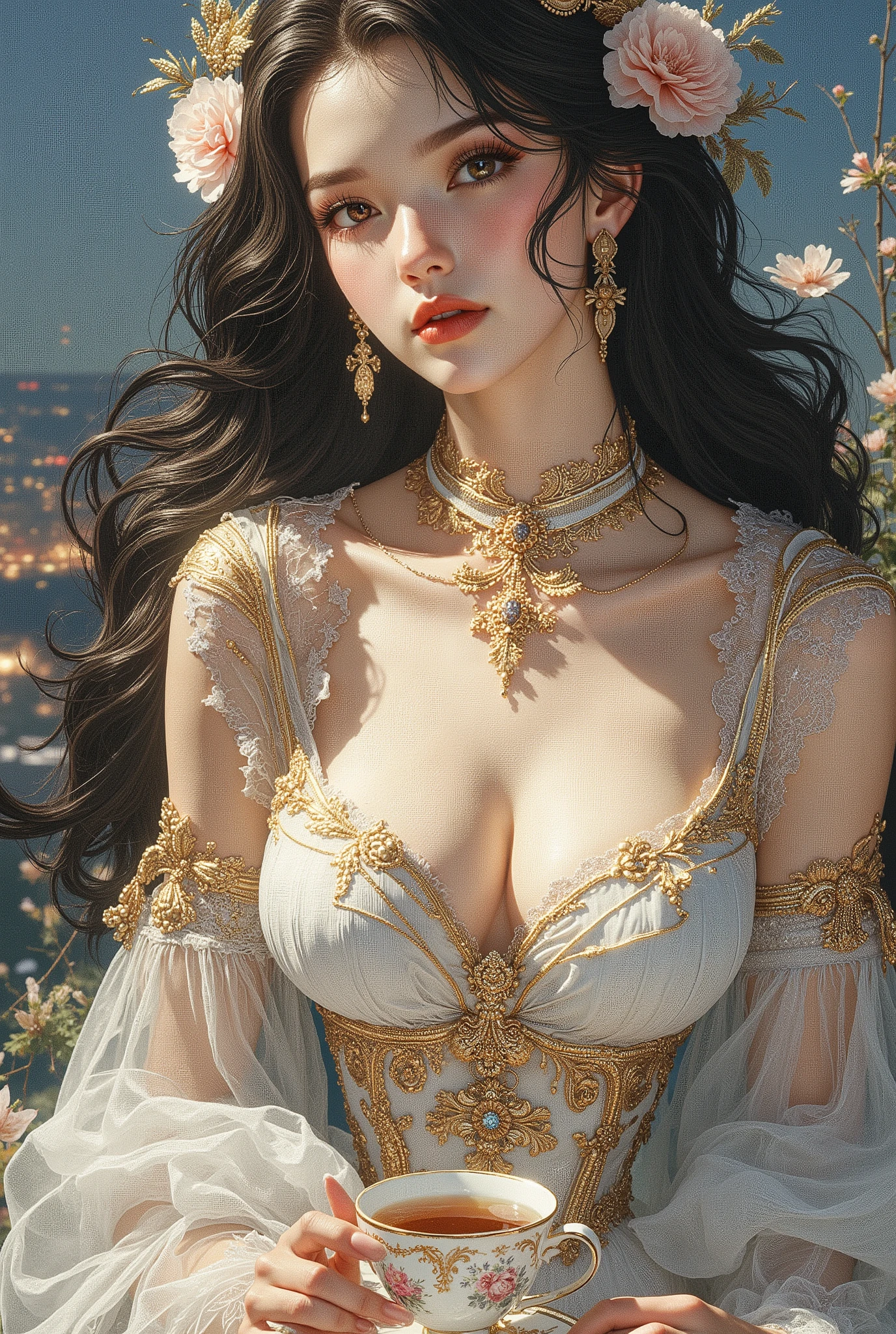 (8K, highest quality, masterpiece), (photorealistic, photoreal: 1.37), extremely detailed depiction

{A woman standing on the roof of a building at night}

Highly distinctive miniature art, delicate and beautiful illustration, a dreamy and hyper-realistic fantasy world, a work that blends reality and fantasy, elegant, passionate, and captivating

Luxurious art gallery

(An elegant nude woman enjoying tea on the terrace of a luxurious mansion)

 ((cleavage:1.3, huge breasts:1.5)), 

Graceful posture, serene atmosphere, perfect pose

Beautiful black hair,  Beautiful hazel eyes

(Kitaoji Hazuki, an exhibitionist daughter)

Cowboy shot

(Large breasts),  Slim and toned body


(A delicate, sheer lace dress in gold and white.: 1.5)

(((Large breasts: 1.5)))

((Droopy breasts: 1.5))



Beautiful, glossy, long black hair

Cowboy shot

(((Completely naked:1.5)))