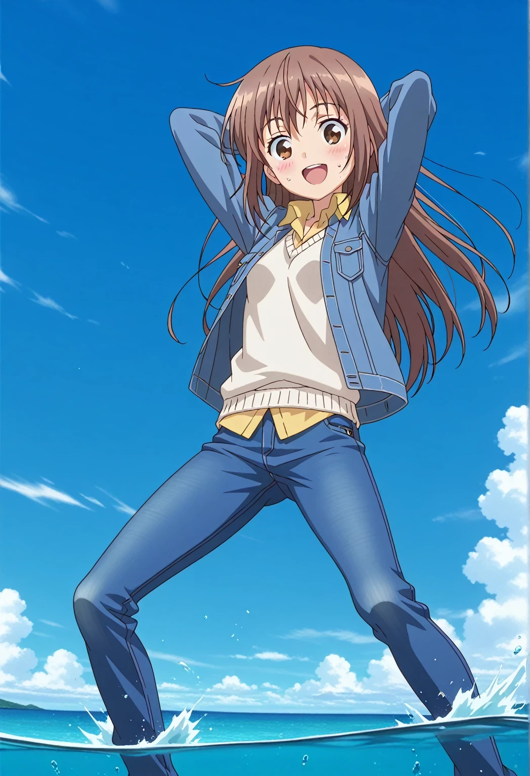 score_9, score_8_up, score_7_up, source_anime, highres, hi res, ((best quality, top quality, perfect quality, Highest Quality, amazing quality)), {{masterpiece}}, {{an extremely delicate and beautiful}}, 2d, intricate details, official style, anime, 8k, anime style, official_anime, official art, digital painting, cell shading, soft shading, high resolution, soothing tones, Subdued Color, Soft cinematic light, adobe lightroom, photolab, HDR, intricately and hyper-detailed, ((high quality animation)), 1 girl, Alone, solo, ((ocean)), tsunami, on the water, day, sunny, outdoors, sky, windy, sally, long hair, brown hair, brown eyes, anime screencap, small breasts, ((deep blue denim jacket)), shirt collar, untucked shirts, yellow shirt, white sweater vest, long sleeves, best quality, hyper-detailed jeans, ((blue jeans:1.9)), (dark blue jeans:0.5), full medium body, medium shot, Open mouth, smiling, happy face, blush, sweat, standing, ((arms behind head:6.0)), bowlegged, jumping pose, action, looking at viewer, spread legs, Bend knees slightly, straight-on front view