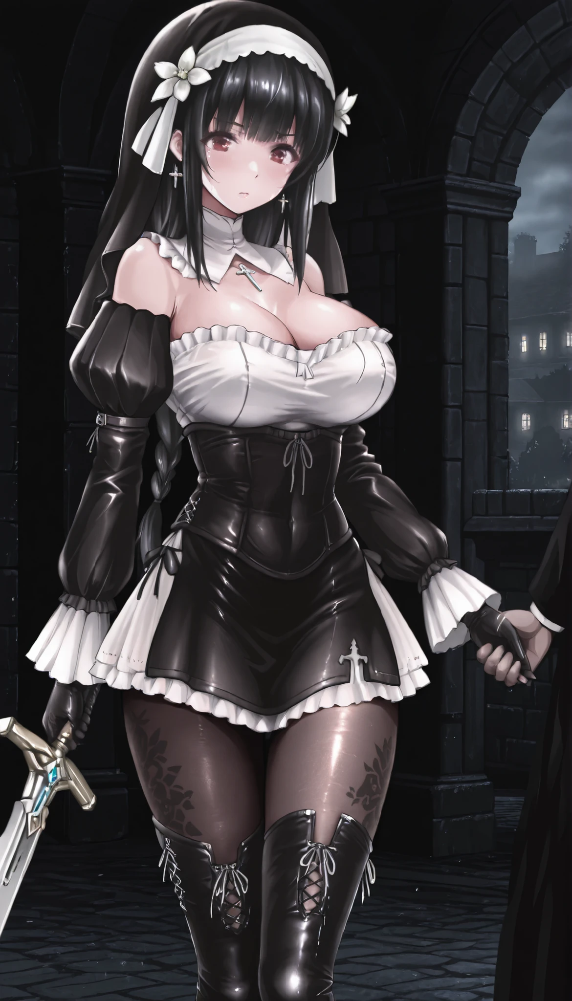 masterpiece, the best quality, muy estético, approach, , 1girl, rabiane, nun's veil skirt, Alone, standing, dynamic pose, holds a sword in his hand, serious look, black high boots, thigh-high boots, cchoker:1.6, buttoned shirt, (( Buttoned white buttoned shirt)), ((plain white long sleeve buttoned shirt)), ((black leather corset)), black leather gloves, (((Shiny black leather leggings))), detailed face, detailed eyes, detailed eyes, Red Eyes, black hair, Pechos grandes, dark, Masonry street, Villa Antigua, fog, trees, at night