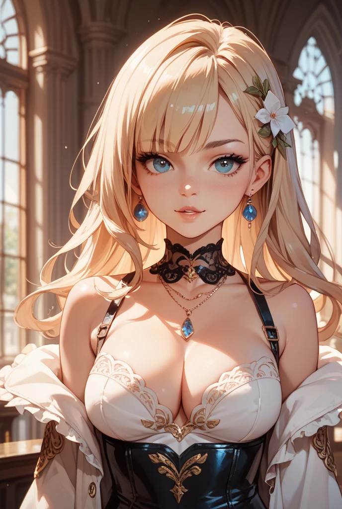 best quality, masterpiece, highly detailed, delicate, intricate, beautiful woman, professional makeup, smug face, detailed eyes, detailed  face, boobs, cleavage, blonde hair, expensive strapless party dress, sexy, nice proportions, sharp focus, luxurious mansion, garden, poolside, photoshoot, night time, back lighting