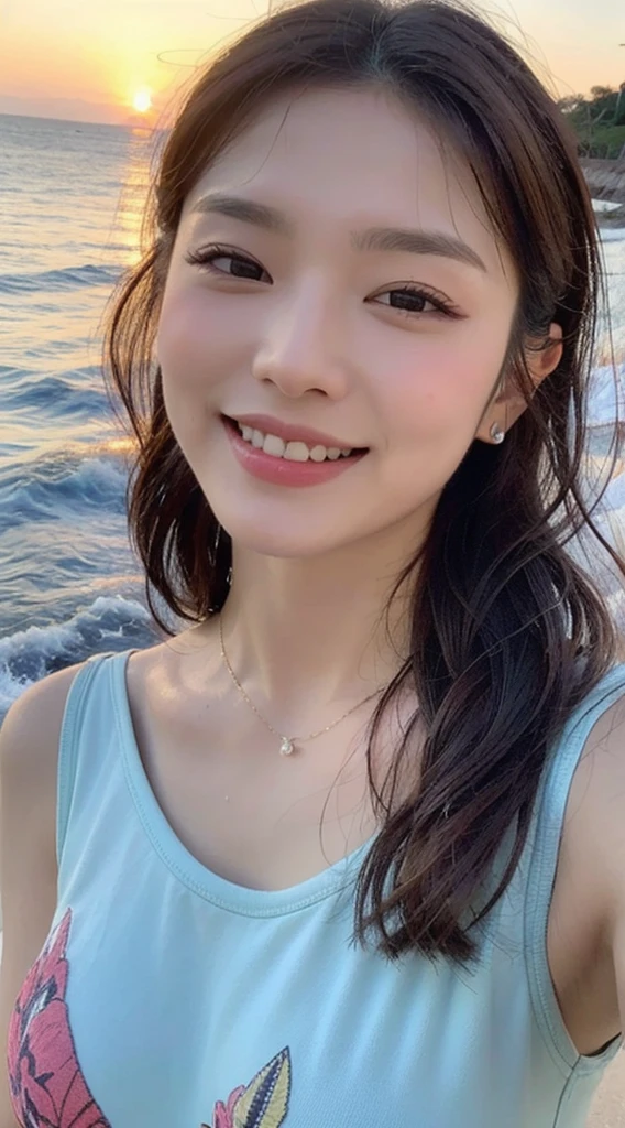 (Beautiful skyline,Magnificent island by the sea),(Intense and dramatic imagery,Stunning visuals),(The hanging North Star,Colorful natural light) All body, Long legs, Focal length:1.2, Perfect body beauty:1.4, Slim abs:1.1, ((Dark brown hair, gigantic tits:1.2 )), (Big red dress, standing a:1.2), ((The sea, blue sky with white clouds:1.3)), Highly detailed  and skin texture, detailed eye, Double eyelidd，long flying hair,Wear sunglasses