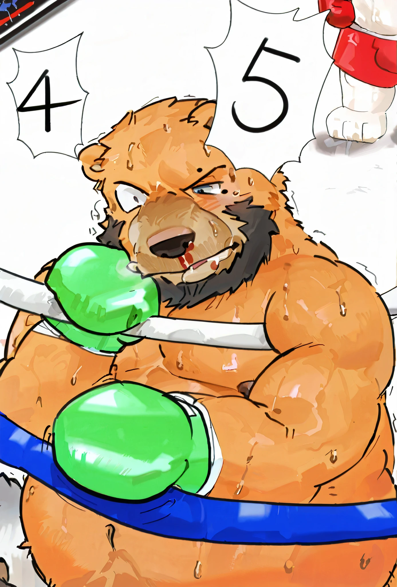 (((nosebleed、Swollen cheeks、左Mole on eye 、Tired body 、Tired Expression、swollen face、Swollen body 、Mole on eye 、sweat、KO,bear loser,swollen face,swollen body,knocked out、naked足、is in tatters)))、(furry doll (Bear), Nipples, Anso , Tired Expression, extremely 詳細な muscles, detailed  face,  face、Tired Expression、bear:drool, detailed eyes, Anatomically Correct, Highest Quality, Hyperdetail、Detailed Boxing Glove)Lindong, chubby, (chubby:1.3, Fat, Fat belly, big stomach:1.8, naked、 muscles、naked足、),boxing ring, ((  muscles質の高齢男性, After the battle