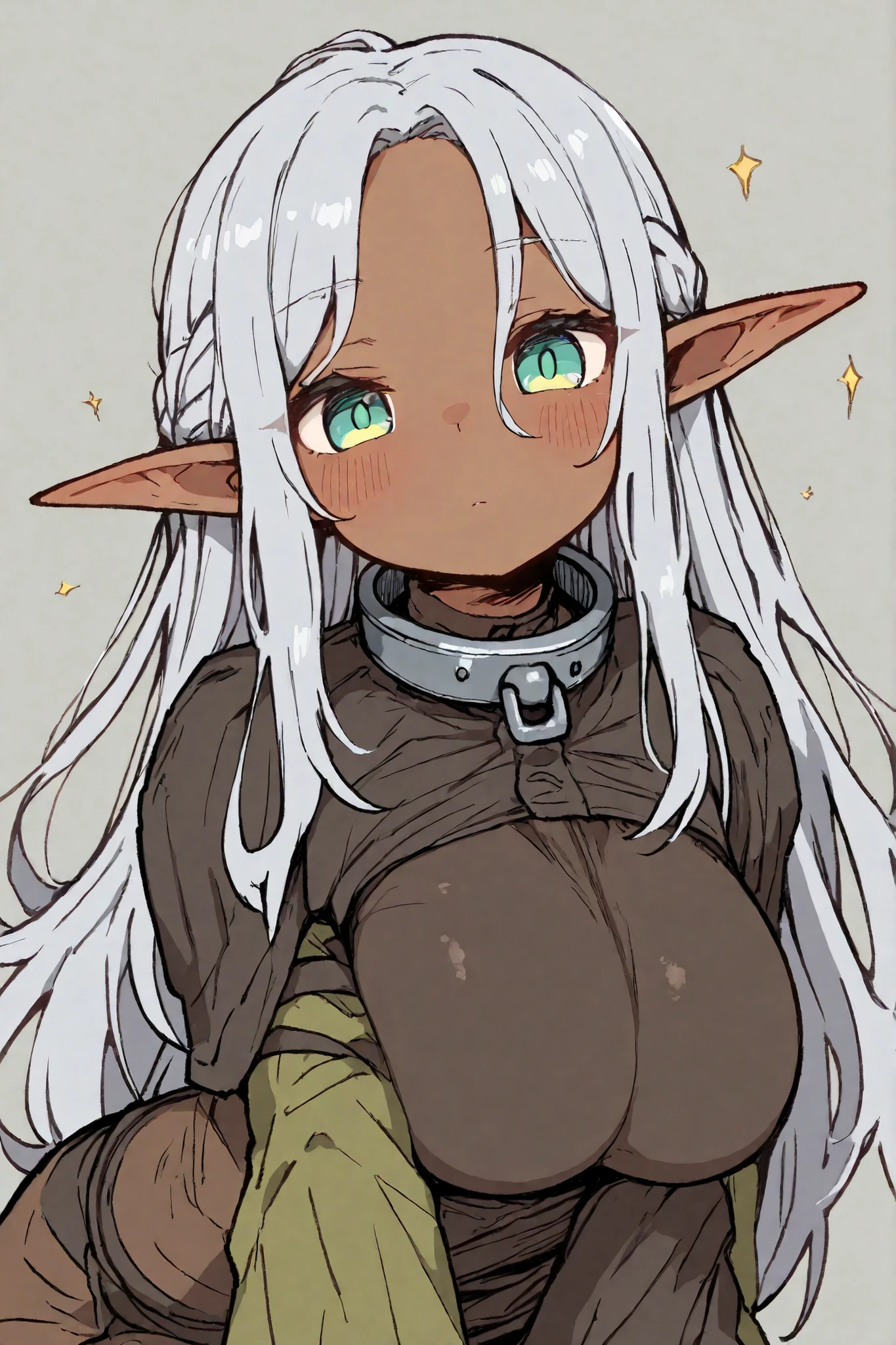 elf young small little girl, dark skin, solo, long hair, silver hair, , iron collar, adventurer outfit, daggers