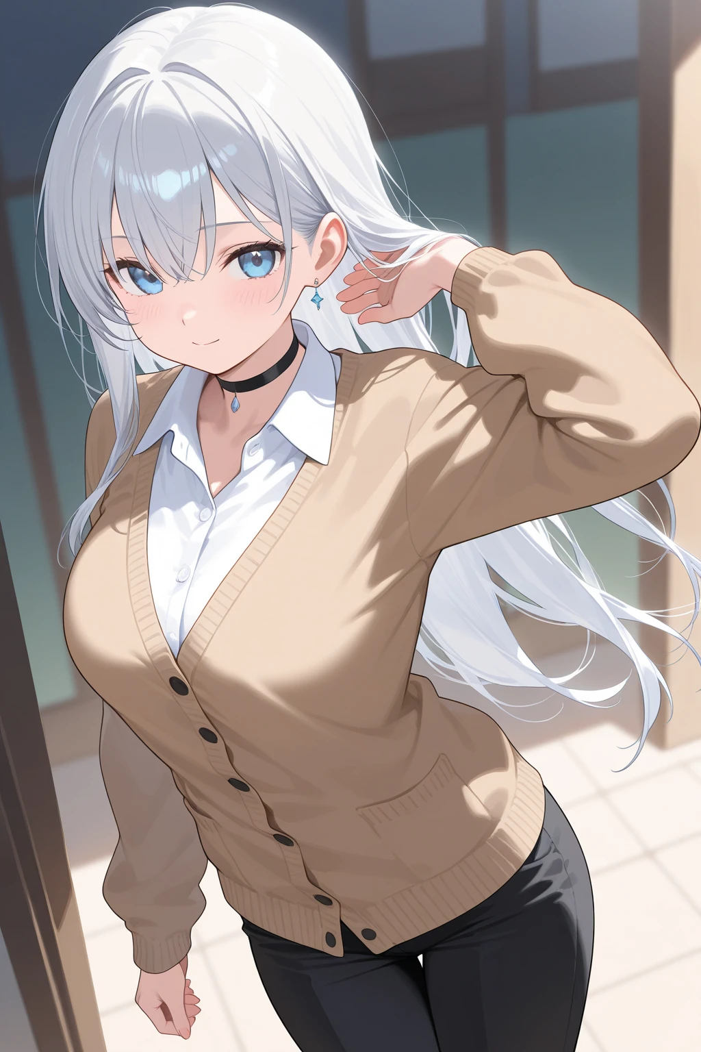 Anime girl with long gray hair and a white shirt and black tie - SeaArt AI
