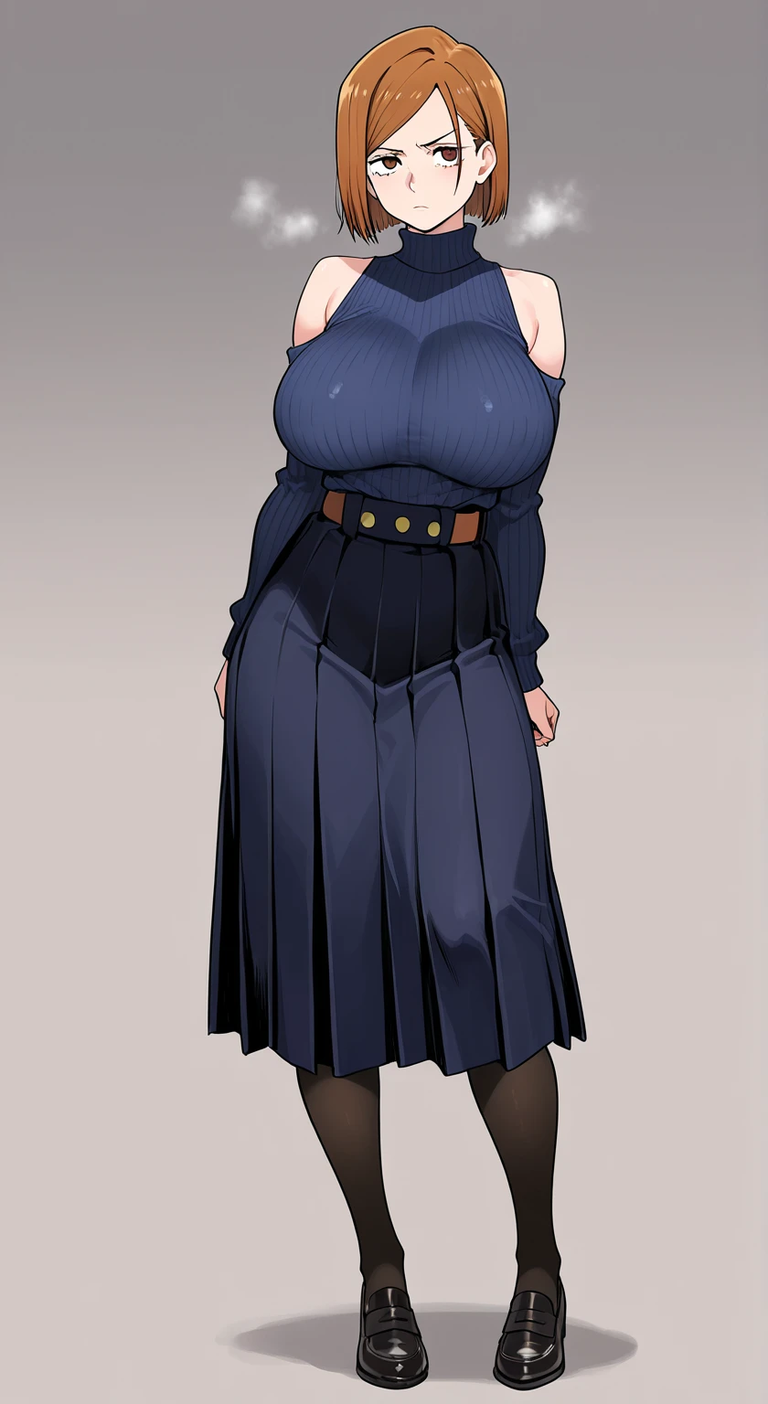 ((Full body)), (low head 1.5), A little sloppy body type and small breasts, masterpiece, tight denim pants, chubby but small breasts, very thick legs++, Full body+, Solo, Swollen face, Moderately fat body type+, 1 woman, wide shoulder, white tutleneck,  light blue Denim pants, thick thighs, low rise light blue denim pants, solo, simple background, masterpiece, best quality, unreal engine, ultra res, extremely detailed,
1girl,
byleth,
gauntlet, cape, floral print,
watching at viewer,
Bitter smile
hews style CSR STYLE
ROUND BREASTS, SMALL BREASTS