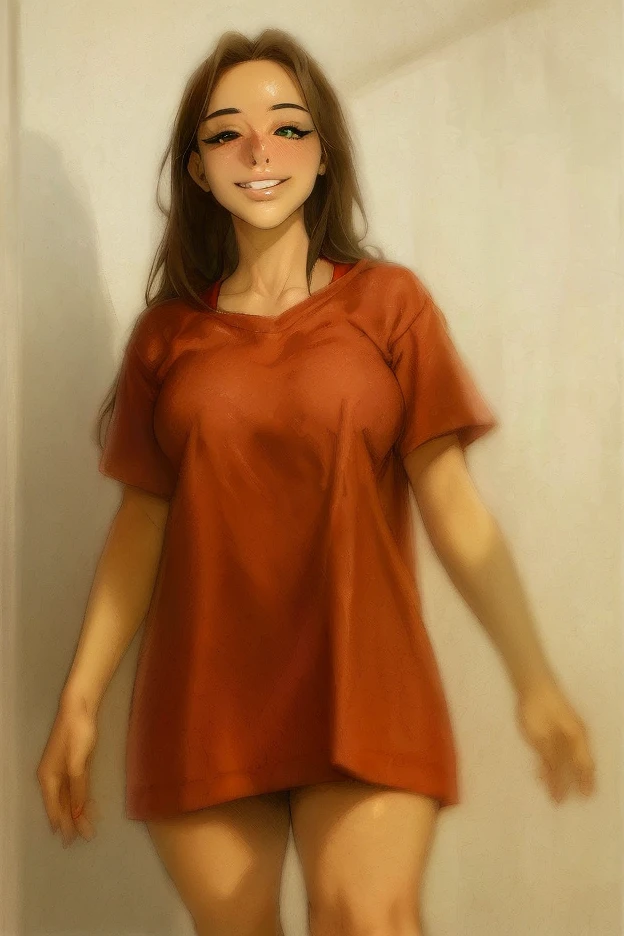 Make me a porn comic scene , a beautiful 18-year-old girl leaves a room totally happy she wears only a red t-shirt focusing on her beautiful face and her smooth brown hair she has beautiful breasts perfect legs a very sexy work of art