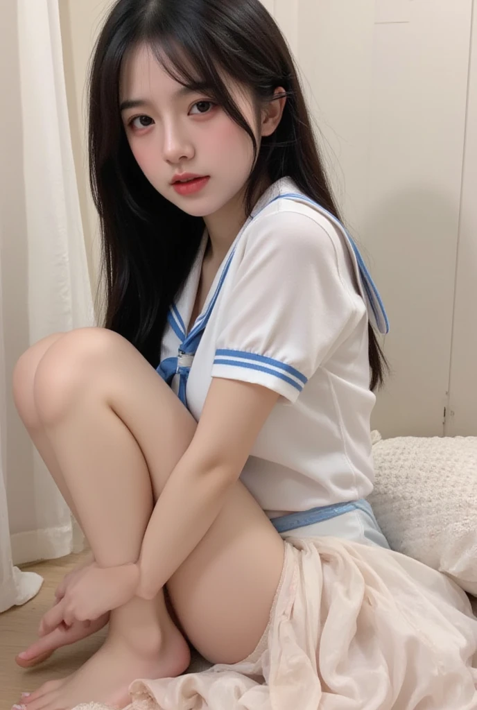 looks into camera，Pupil correction，Best quality at best，tmasterpiece，超高分辨率，（realisticlying：1.4），teens girl，Juvenile，Wear socks，High ponytail