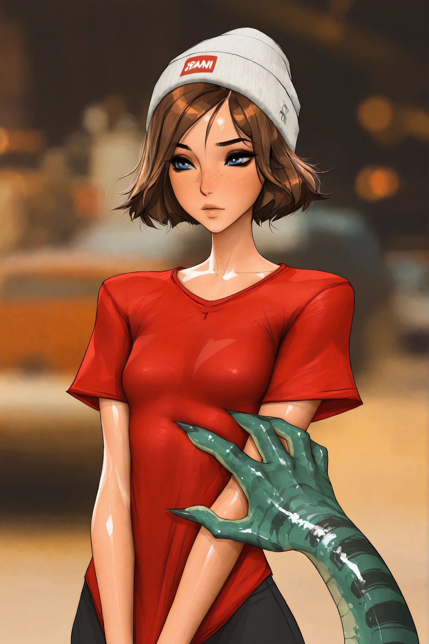 short hair, blue eyes, brown hair, masterpiece, best quality, very aesthetic, movie quality, depth of field,soft saturation, focused subject, ,official style, shiny skin, 1girl, dark eyeliner, high-top beanie, brunette, freckles, wavy brown hair,, shirow masamune, sam yang style, oily skin, 1girl, small , wavy brown hair, red tshirt, , (lizard man )