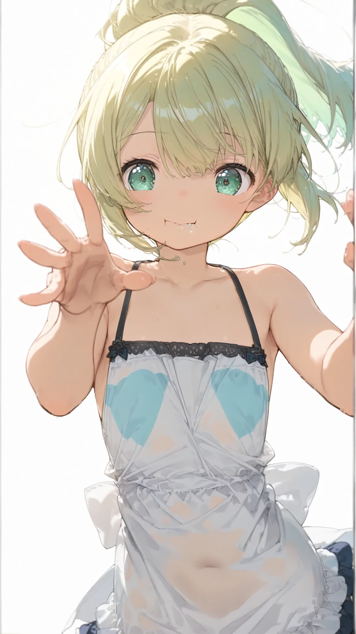 ((White background:1.4)) (High-resolution masterpiece, high resolution, high selection accuracy, high resolution, highest quality:1.2) (Ultra high resolution, 8K) Medium ponytail, slanted bangs, hair covering eyes:1.3, beautiful green eyes, blue droopy eyes, small chest, (full body, fitting the screen) small chest, bare shoulders, close-up, upper body, reaching out hand, anime style. Looks delicious, eating.