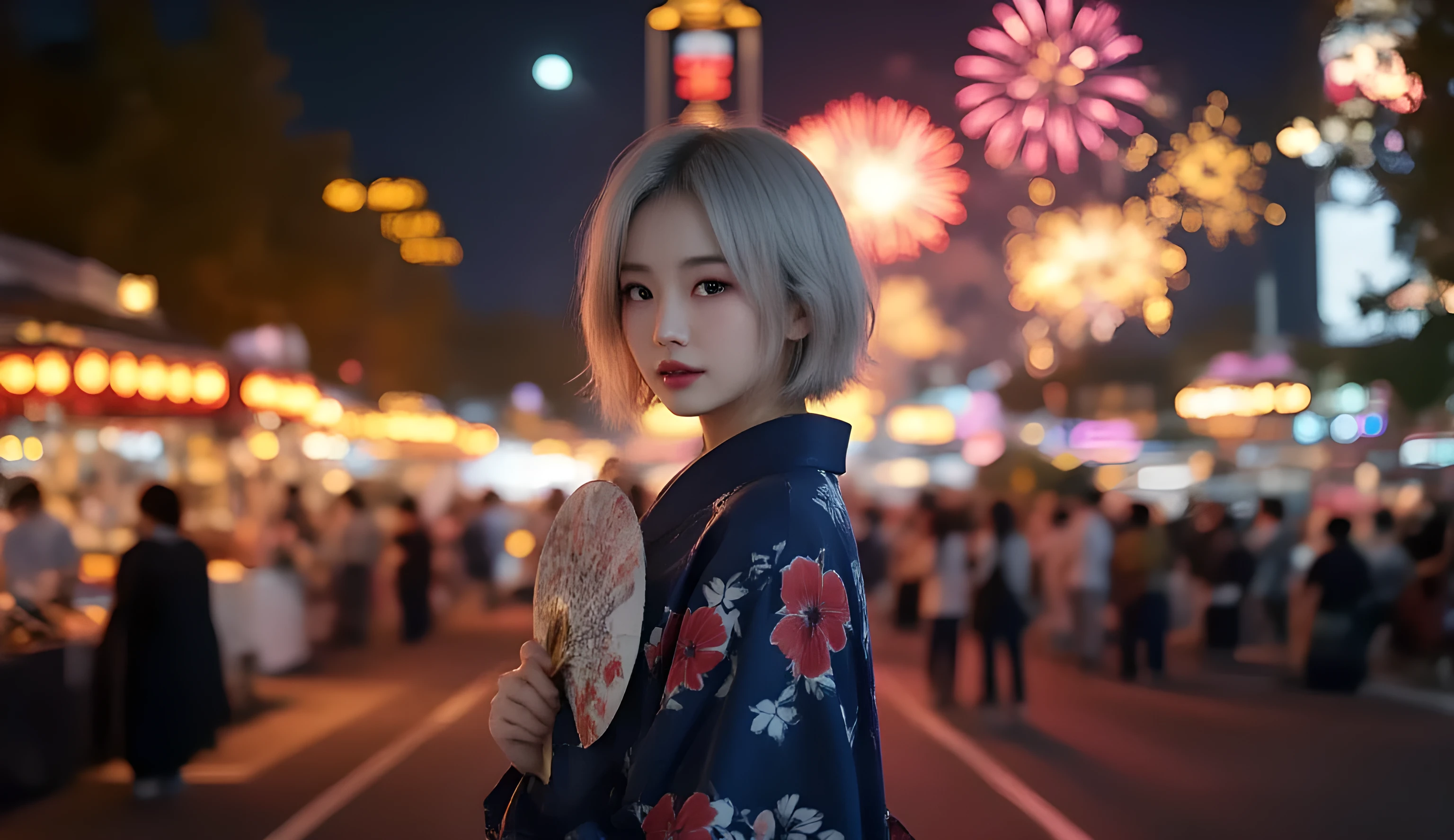 (masterpiece, ultra-detailed, photorealistic, cinematic soft lighting),  
Sally, short fluffy silver-white bob hair, airy hairstyle illuminated by fireworks,  
(translucent porcelain skin, luminous glow, subtle blush, no plastic, no PVC, no mannequin),  
large clear grey-blue eyes, calm gentle smile, lips softly closed,  
half-body portrait, side-facing with slight head turn toward camera, elegant posture,  
wearing a deep blue yukata decorated with vivid red hibiscus (扶桑花) patterns,  
holding a traditional round paper fan (uchiwa) with floral design close to her chest,  
background: Sumida River fireworks festival, colorful fireworks lighting up the summer night sky,  
Tokyo city lights and river reflections, silhouettes of festival crowd faintly visible,  
lighting: warm fireworks glow mixed with cool rim light, Japanese transparency style,  
mood: festive, romantic, elegant Japanese summer night atmosphere
