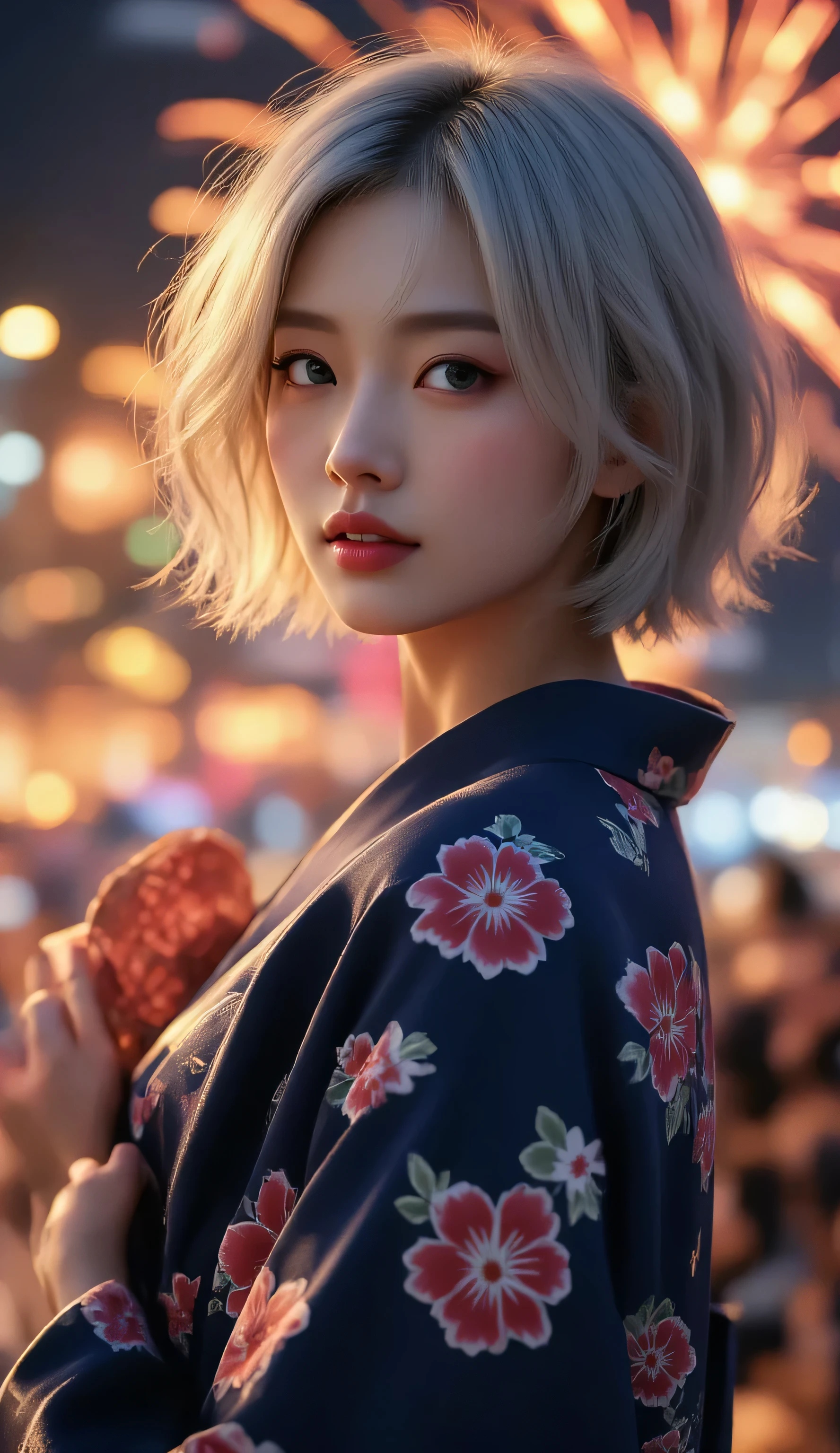 (masterpiece, ultra-detailed, photorealistic, cinematic soft lighting),  
Sally, short fluffy silver-white bob hair, airy hairstyle illuminated by fireworks,  
(translucent porcelain skin, luminous glow, subtle blush, no plastic, no PVC, no mannequin),  
large clear grey-blue eyes, calm gentle smile, lips softly closed,  
half-body portrait, side-facing with slight head turn toward camera, elegant posture,  
wearing a deep blue yukata decorated with vivid red hibiscus (扶桑花) patterns,  
holding a traditional round paper fan (uchiwa) with floral design close to her chest,  
background: Sumida River fireworks festival, colorful fireworks lighting up the summer night sky,  
Tokyo city lights and river reflections, silhouettes of festival crowd faintly visible,  
lighting: warm fireworks glow mixed with cool rim light, Japanese transparency style,  
mood: festive, romantic, elegant Japanese summer night atmosphere
