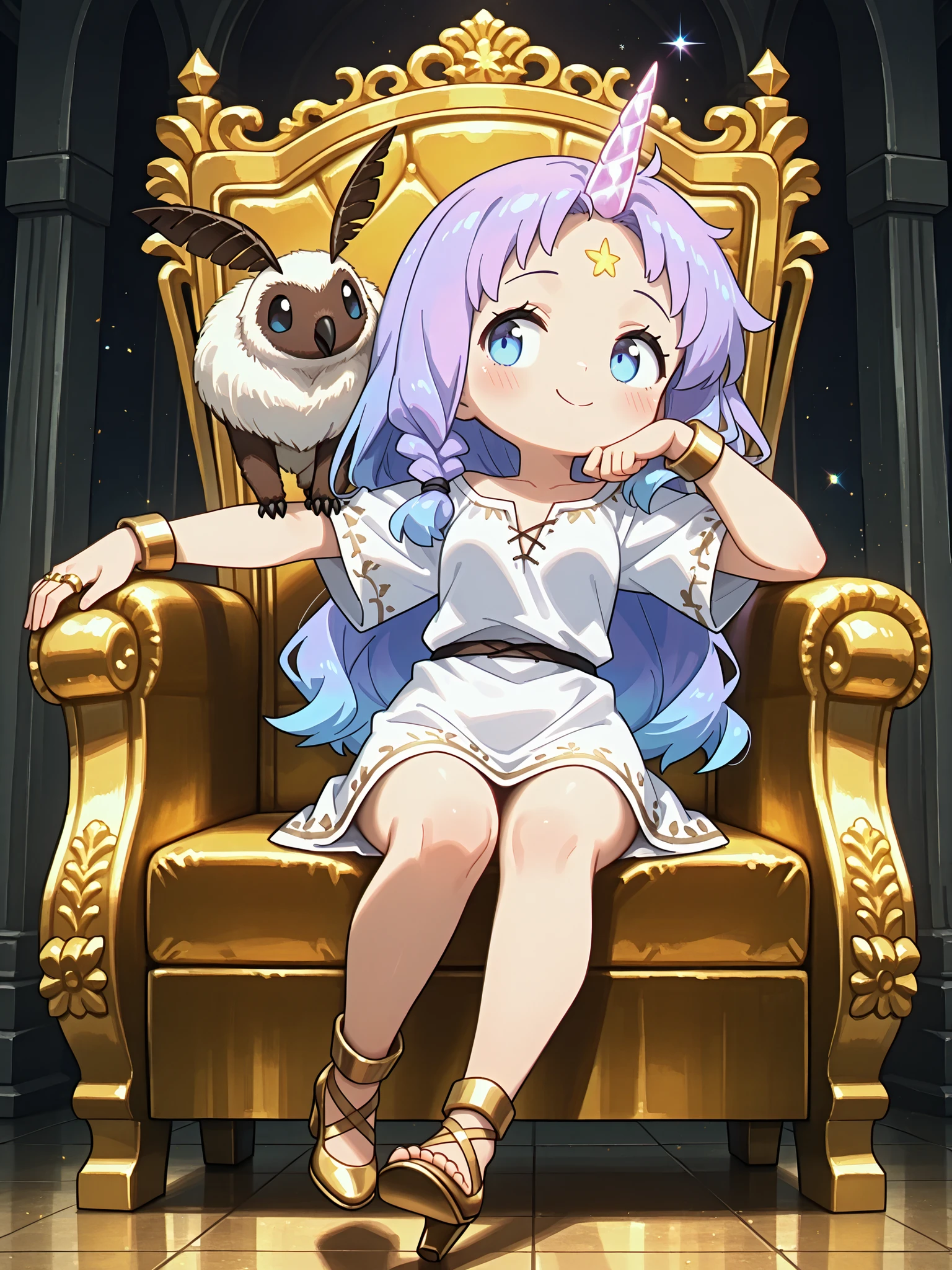 Front angle, (masterpiece, very detailed image, 4k, ultra detailed, vivid colors, beautiful colors, dynamic pose, cinematic photography), {1woman}: (a beautiful and attractive woman, with a stunning body, has fair skin, her eyes are colored like a rainbow, her hair is long in a very well detailed braid falling over her shoulder, her hair is colored, she has a single pink horn in the middle of her forehead like a unicorn, wearing a Greek tunic like a powerful goddess, golden high heels and many rings and jewelry, sitting on a golden throne, with one hand holding her elbow and the other on her chin, a look of superiority and a slight smile at the corner of her mouth, a moth on her shoulder), an environment reminiscent of gods, many golden details, floor made of cloud, very well lit creating perfect shadows in the environment