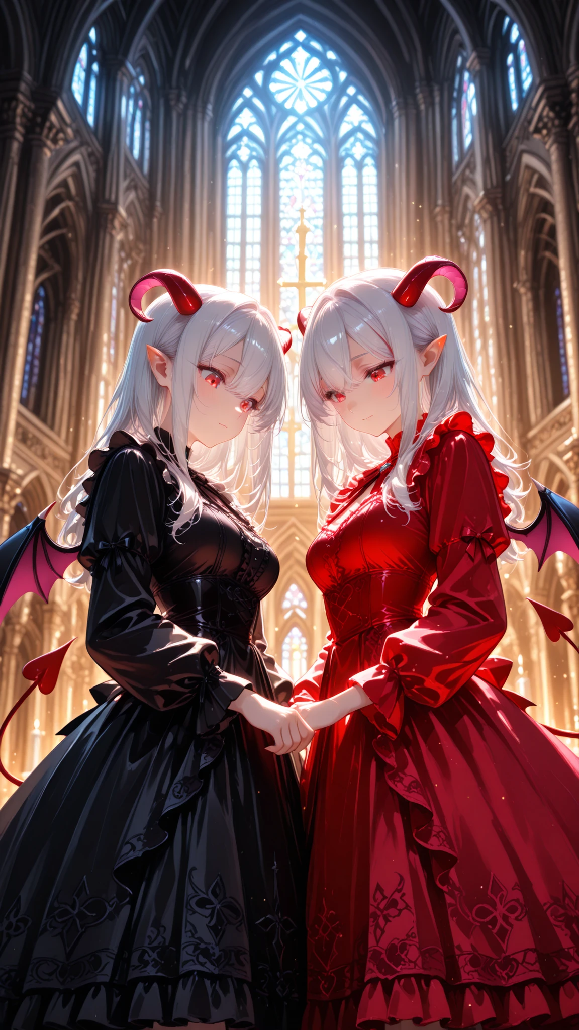 church,Look down,(((cute succubus twins))),the daughter on the left is a red dress,The daughter on the right is black dress