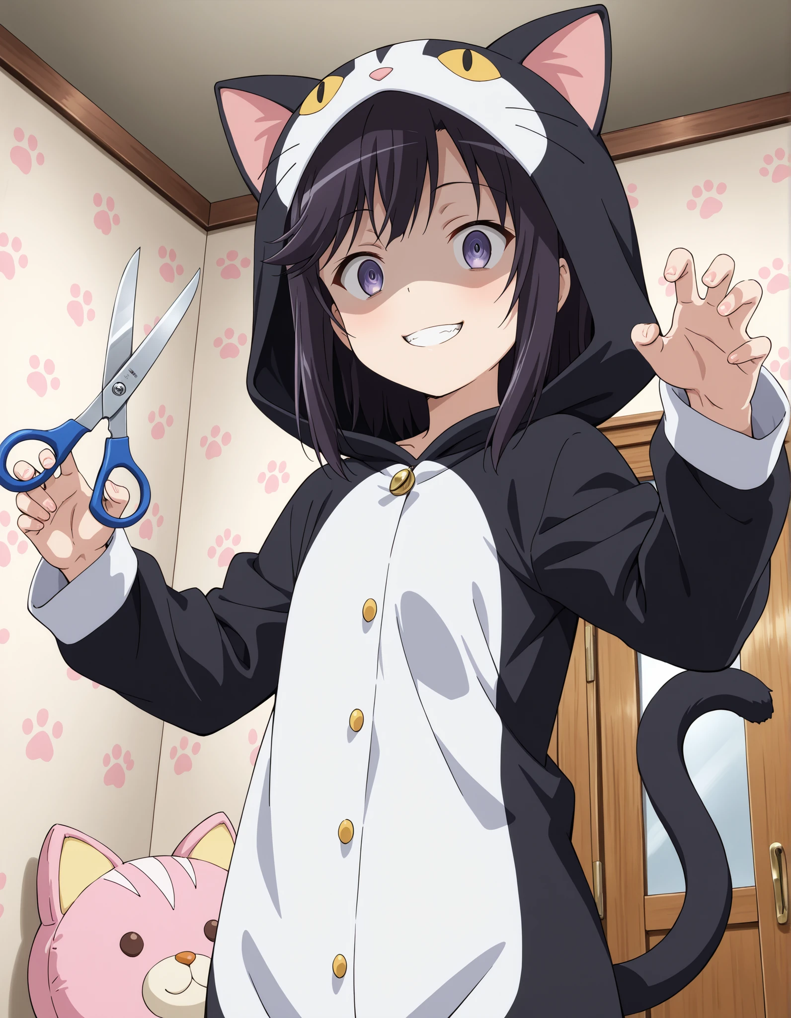score_9 up, Source_anime, Masterpiece , top quality, Young face、Young Body, Petite , shiny hair , shiny skin、((8K:1.3)), (super high resolution:1.3), (Super Detailed:1.3), (detailed body), (detailed face), (1girl), ((detailed)) , (perspective), (Non Non Biyori\), (hotaru ichijyou\ Ichijo Hotaru\ dark haired:1.3, Petite, big stuffed cat(cat costume)(cosplay)), holding huge scissors),(crazy smile, shaded face, crazy eyes), (staring, fighting stance, ), (Background:salon: paw pattern wallpaper, magical salon interior), (cinematic angle)
