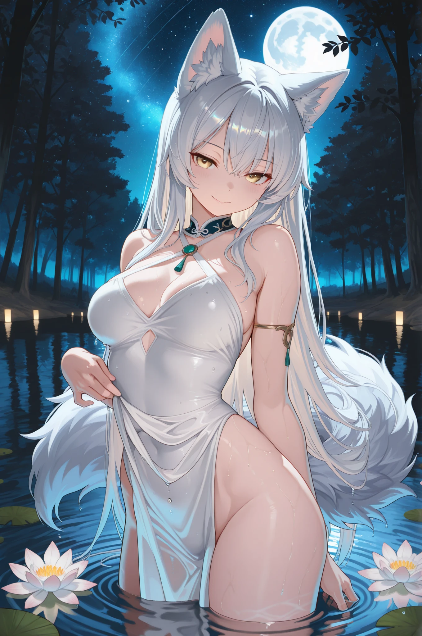 Highest Quality, masterpiece, Ultimate Details, Mysterious Beast Girl, wolf ears, Long Silver Hair, Fluffy Tails, Clear golden eyes, provocative expression, Elegant smile, Posture Hiding Your Chest, Bare Skin Like White Porcelain in Water, slender body, Graceful Silhouette, Composition of a Waistline Sinking to the Surface of the Water, Shining water droplets, Elegantly Decorated Colors, Shoulderline Illuminated by Moonlight, Quiet lake surface, The ripples on the surface of the water , Intrusive Night Fog, Full Moon Light , White Water Lilies Float, starry sky reflected on the surface of the water, Amazing Blue Gradation, Trees in the Deep Forest, Elegant Atmosphere, Refraction Effects of Light in the Water, Dramatic light