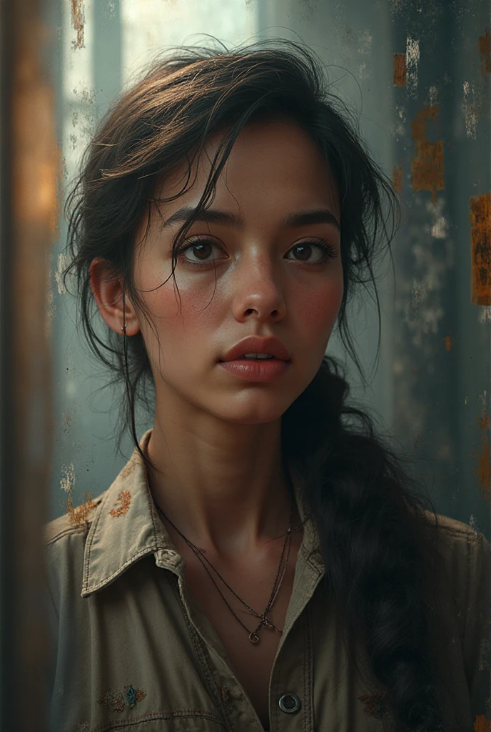 Ultra detailed, cinematic lighting. She crouches behind a stack of rusted gears, wrapped in an oversized work shirt, barely covering her tight shorts. Her hair is messy, cheeks smudged with grease. She clutches a wrench like a weapon, trembling with uncertainty, her wide eyes searching the darkness.