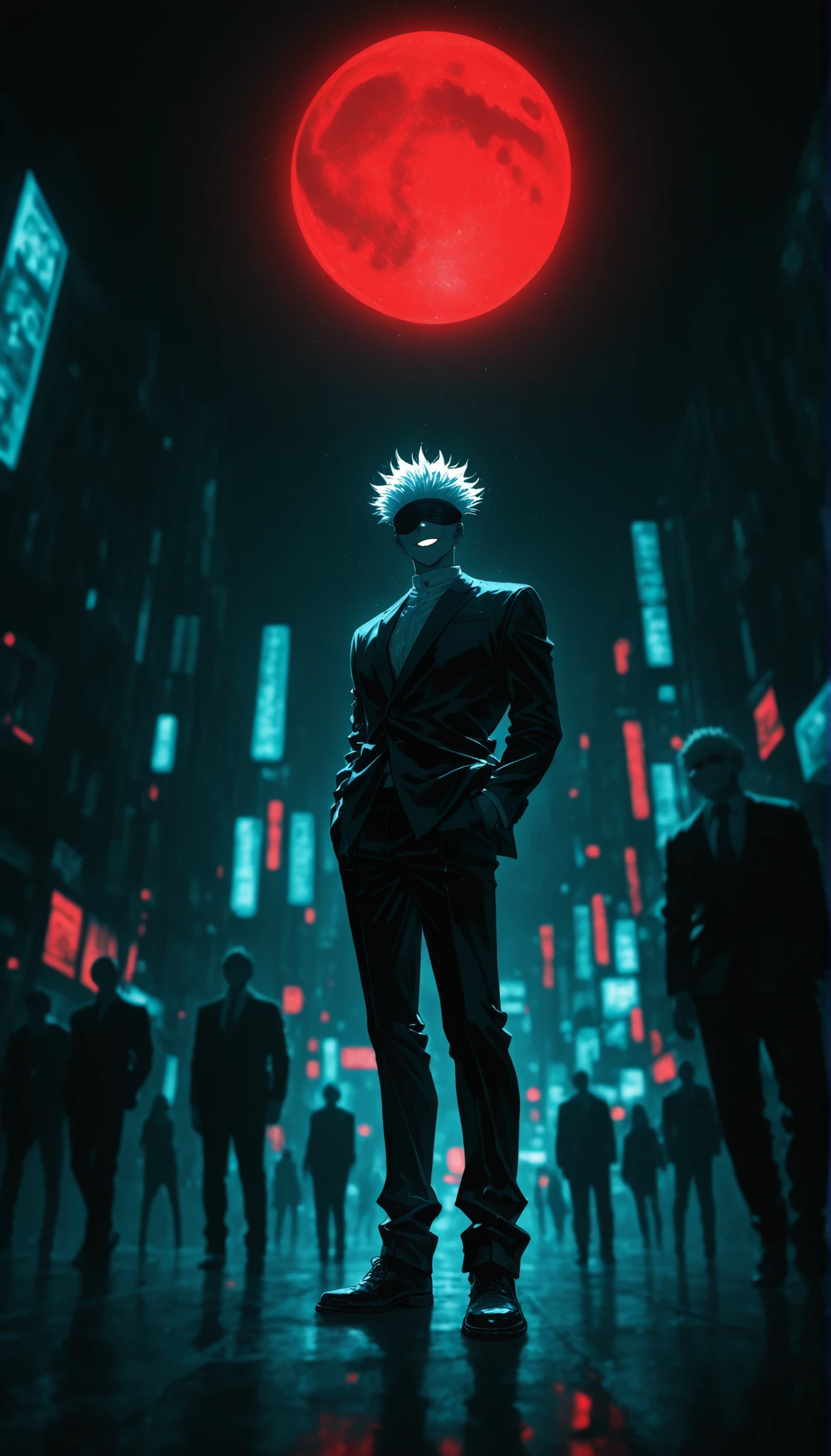depth of field, high definition image, lots of details, masterpiece,a boy, full body shot , Satoru Gojo from Jujutsu Kaisen,blindfold, black suit, bright white hair standing out against the background, Look at the sky, ironic smile, night city with red and blue moon background,Floating, limited palette , black background, colorful , lively,Brilliant contours,neon, black light
