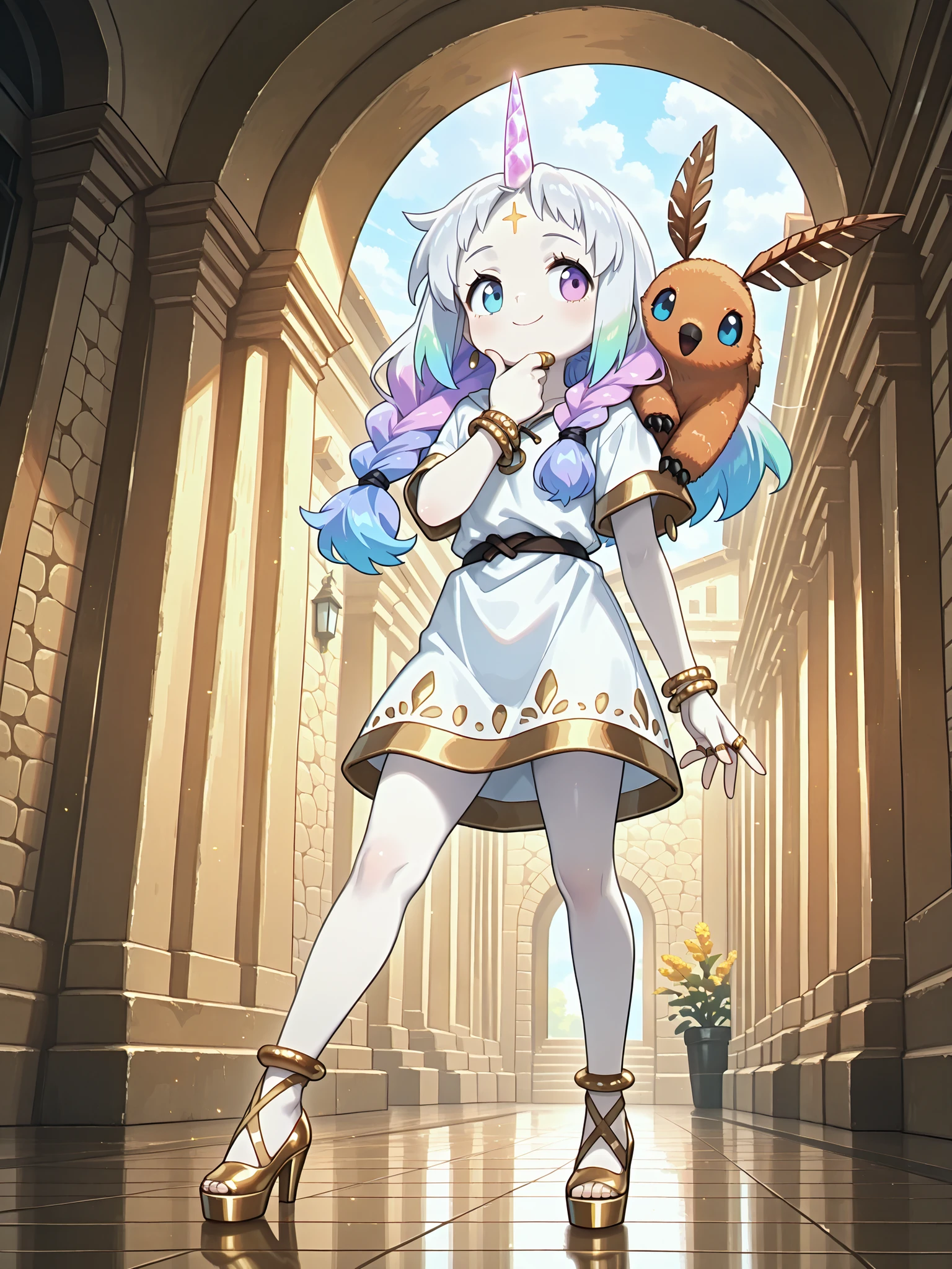 low angle, (masterpiece, very detailed image, 4k, ultra detailed, vivid colors, beautiful colors, dynamic pose, cinematic photography), {1woman}: (a beautiful and attractive woman, with a stunning body, has pale skin, her eyes are colored like a rainbow, her hair is long in a very well detailed braid falling over her shoulder, her hair is colored, she has a single pink horn in the middle of her forehead like a unicorn, wearing a Greek tunic like a powerful goddess, golden high heels and many rings and jewelry, with one hand holding her elbow and the other hand on her chin, a look of superiority and a slight smile at the corner of her mouth, a moth on her shoulder), an environment reminiscent of gods, many golden details, floor made of cloud, very well lit creating perfect shadows in the environment