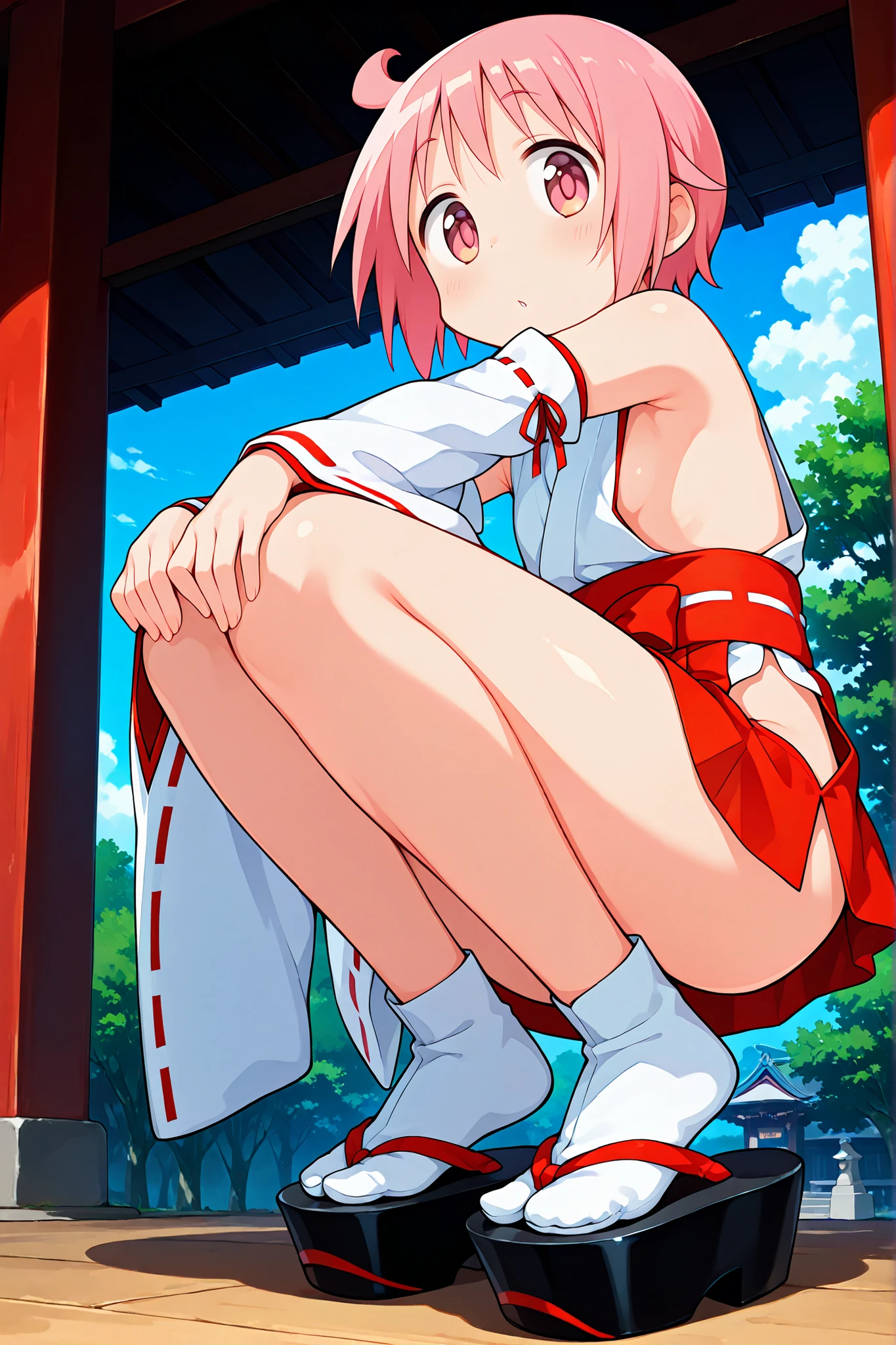nonohara yuzuko, pink hair, short hair, ahoge, pink eyes,bangs,(nsfw),((anime style)),score_9, score_8_up, score_7_up, source_anime,,1girl, ((miko)),(tabi),(black okobo),  ((((mini slit red skirt)))),Obi ,Obi knot, (flat chest) , ((side boob)) , (No panties) , ((exposed shoulders)) ,(Sleeveless white clothes) ,((detached white sleeves)),(ribbon-trimmed sleeves),(Shrine grounds), side shot ,(((((low angle))))), ((full bady)), ((squatting)),dramatic angle, looking at viewers,((hands on knee)),knees up