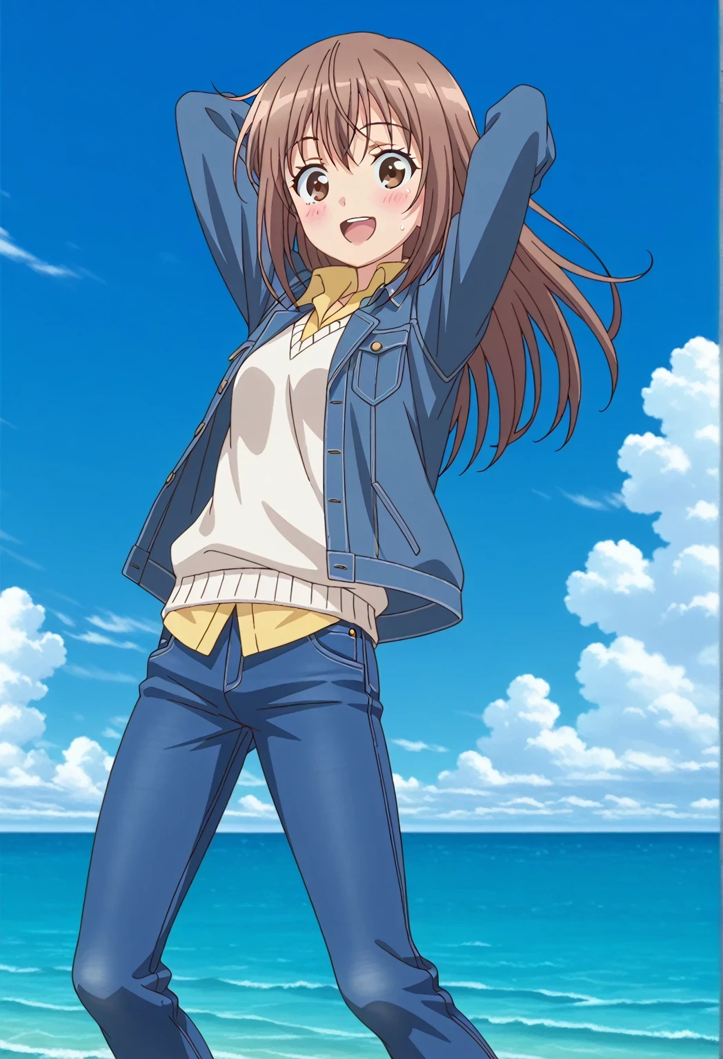 score_9, score_8_up, score_7_up, source_anime, highres, hi res, ((best quality, top quality, perfect quality, Highest Quality, amazing quality)), {{masterpiece}}, {{an extremely delicate and beautiful}}, 2d, intricate details, official style, anime, 8k, anime style, official_anime, official art, digital painting, cell shading, soft shading, high resolution, soothing tones, Subdued Color, Soft cinematic light, adobe lightroom, photolab, HDR, intricately and hyper-detailed, ((high quality animation)), 1 girl, Alone, solo, ((ocean)), tsunami, on the water, day, sunny, outdoors, sky, windy, sally, long hair, brown hair, brown eyes, anime screencap, small breasts, ((deep blue denim jacket)), shirt collar, untucked shirts, yellow shirt, white sweater vest, long sleeves, best quality, hyper-detailed jeans, ((blue jeans:1.9)), (dark blue jeans:0.5), full medium body, medium shot, Open mouth, smiling, happy face, blush, sweat, standing, ((arms behind head:6.0)), bowlegged, jumping pose, action, looking at viewer, spread legs, Bend knees slightly, straight-on front view
