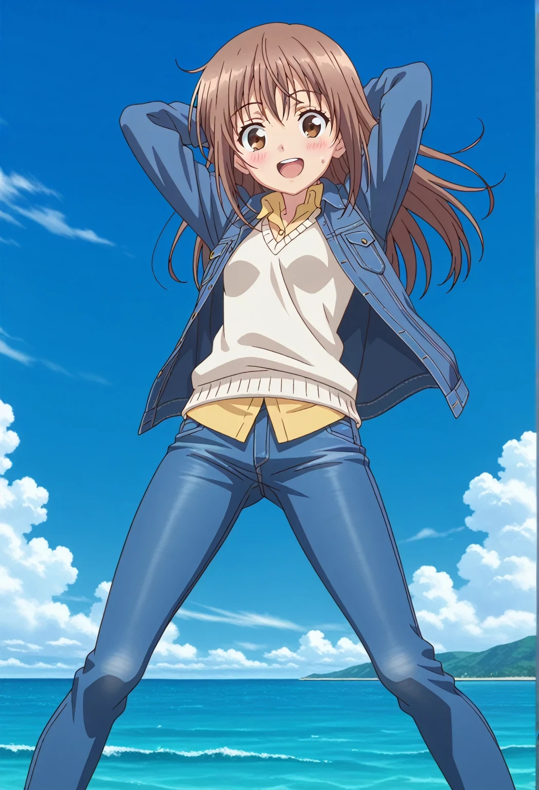 score_9, score_8_up, score_7_up, source_anime, highres, hi res, ((best quality, top quality, perfect quality, Highest Quality, amazing quality)), {{masterpiece}}, {{an extremely delicate and beautiful}}, 2d, intricate details, official style, anime, 8k, anime style, official_anime, official art, digital painting, cell shading, soft shading, high resolution, soothing tones, Subdued Color, Soft cinematic light, adobe lightroom, photolab, HDR, intricately and hyper-detailed, ((high quality animation)), 1 girl, Alone, solo, ((ocean)), tsunami, on the water, day, sunny, outdoors, sky, windy, sally, long hair, brown hair, brown eyes, anime screencap, small breasts, ((deep blue denim jacket)), shirt collar, untucked shirts, yellow shirt, white sweater vest, long sleeves, best quality, hyper-detailed jeans, ((blue jeans:1.9)), (dark blue jeans:0.5), full medium body, medium shot, Open mouth, smiling, happy face, blush, sweat, standing, ((arms behind head:6.0)), bowlegged, jumping pose, action, looking at viewer, spread legs, Bend knees slightly, straight-on front view