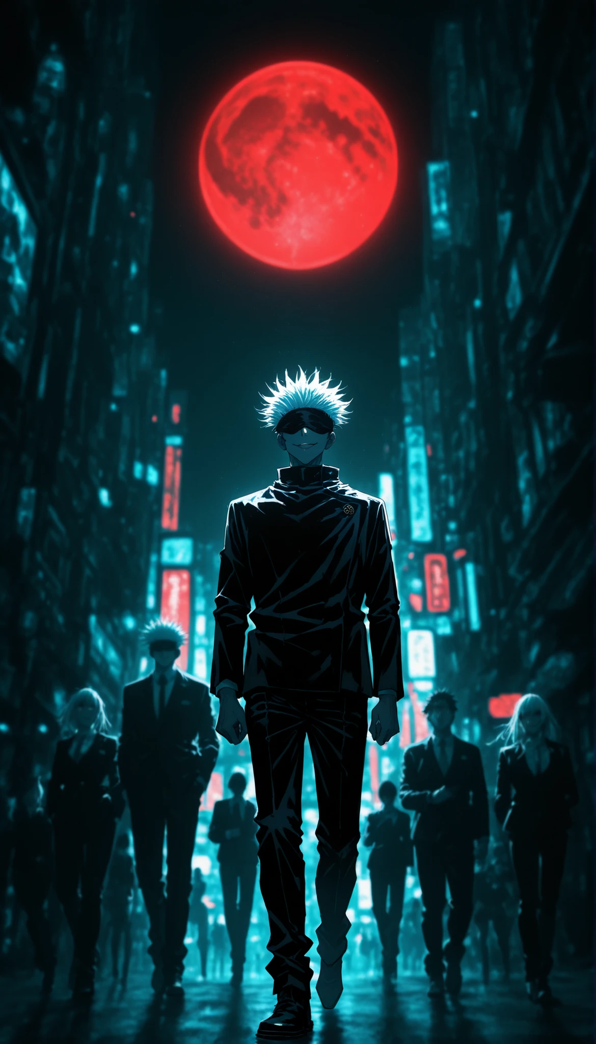 depth of field, high definition image, lots of details, masterpiece,a boy, full body shot , Satoru Gojo from Jujutsu Kaisen,blindfold, black suit, bright white hair standing out against the background, Look at the sky, ironic smile, night city with red and blue moon background,Floating, limited palette , black background, colorful , lively,Brilliant contours,neon, black light