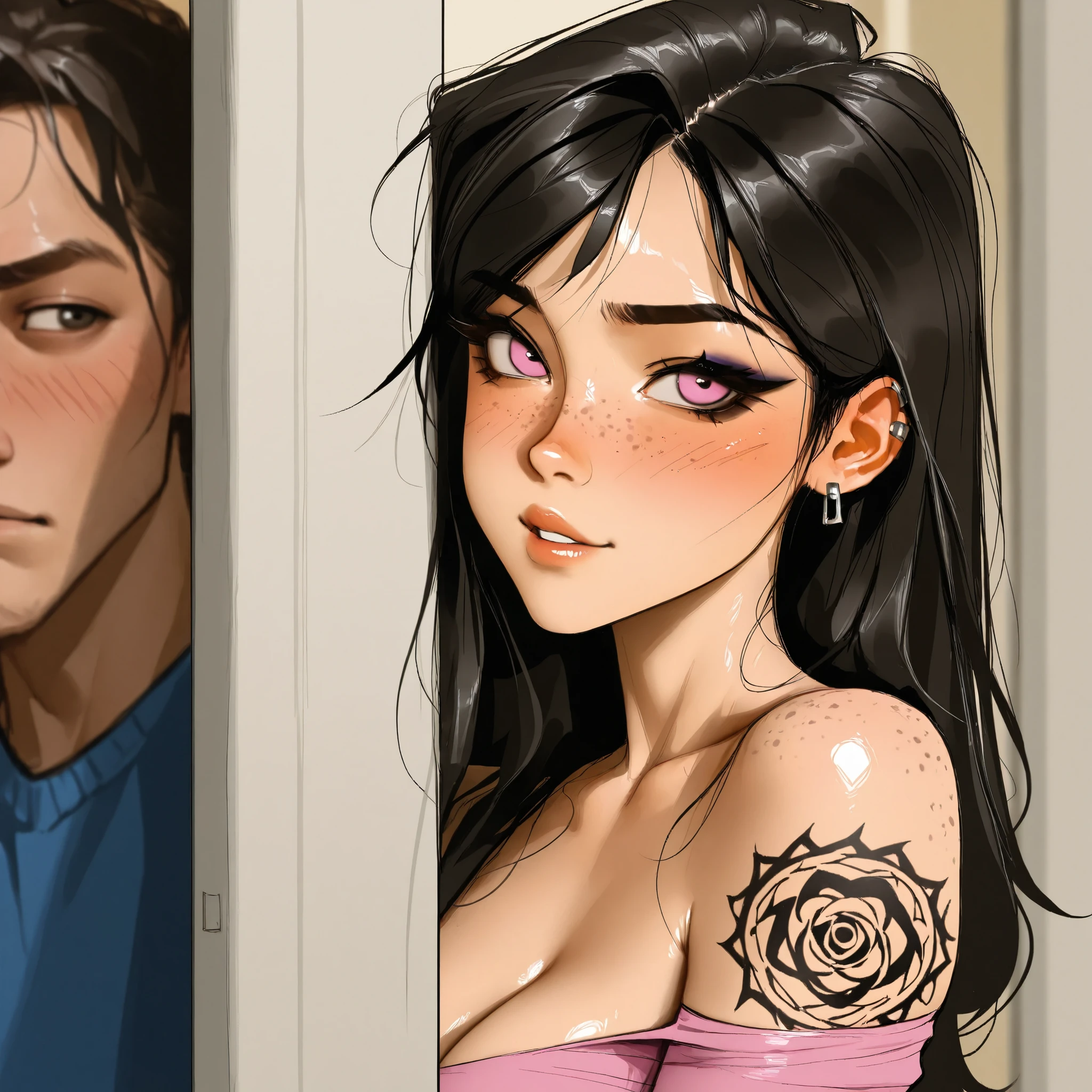 eye-contact, masterpiece, best quality, very aesthetic, movie quality, depth of field, soft saturation, focused subject, ,official style, shiny skin,1girl, long hair, long black hair, pastel pink_eyes, swept bangs, tattoos, feline eyeliner, e-girl, slender body,, (M1lkG0re:1.2), ,, medium breasts, , , shirow masamune, sam yang, full-body-tattoos, , dark eye makeup, freckles, blush, piercings, nose stud, , girl is cheating on her boyfriend, (((netorare))), teasing expression, bbc, ntr, cuckold,, after sex, feigning innocence, hiding evidence of sex, disheveled appearance, Trixie Tang, disheveled clothes, big cock off screen