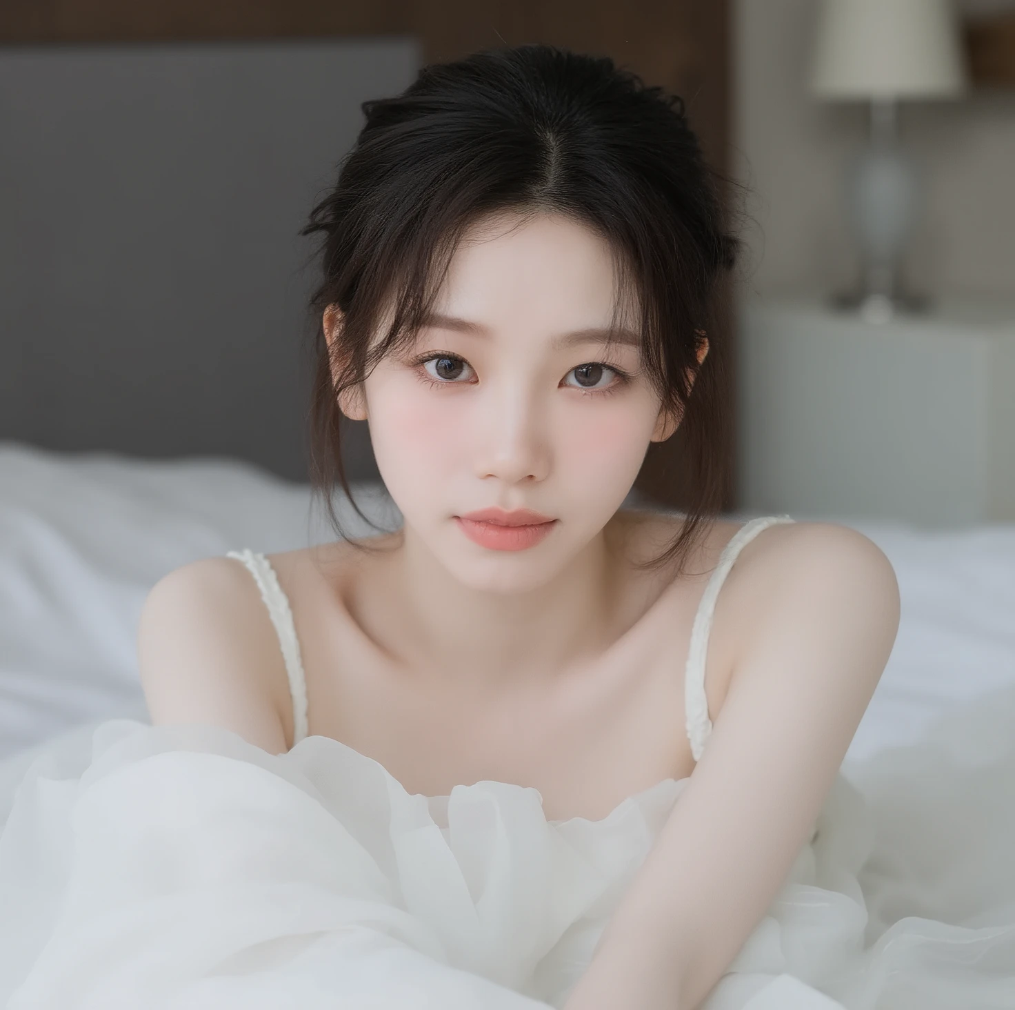 there is a woman lying on a bed., popular South Korean makeup, piel White skin porcelain, pale snow white skin, popular Korean makeup , White skin porcelain, Hermosa Delphine, clear and high-quality lips, porcelain pale skin, pale milky white porcelain skin, pale ivory skin, Jennie of BlackPink face, jennie from Blackpink , Jennie face, big doll eyes, linda
