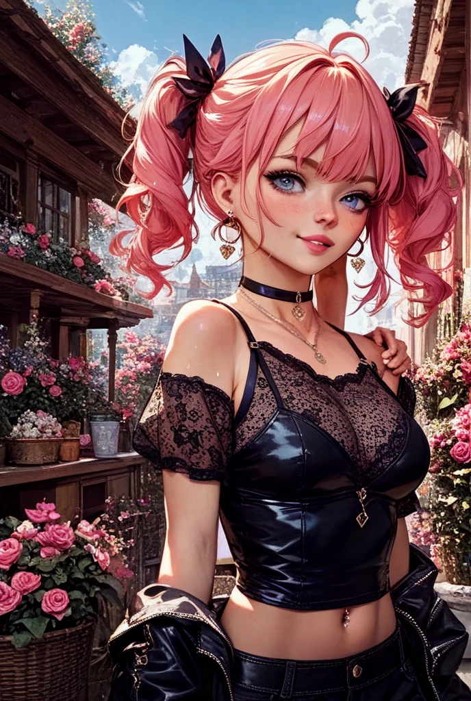 (Masterpiece, BestQuality:1.3), (ultra detailed:1.2), (hyperrealistic:1.3), (RAW photo:1.2), High detail RAW color photo, professional photograph, (Photorealistic:1.4), (realistic:1.4), professional lighting, perfect , (Big Breasts:1.1), (blush, detailed face), (cheerful Smile:1.5), Trending Hair&Trending Hairカラーをランダムに, earrings, necklace, bracelet, sexly,  sexly, Random sexy gravure poses, (A beautiful pink-haired woman in Lolita fashion is walking down a city street。hair is twin tail、spread your skirt。:1.3)