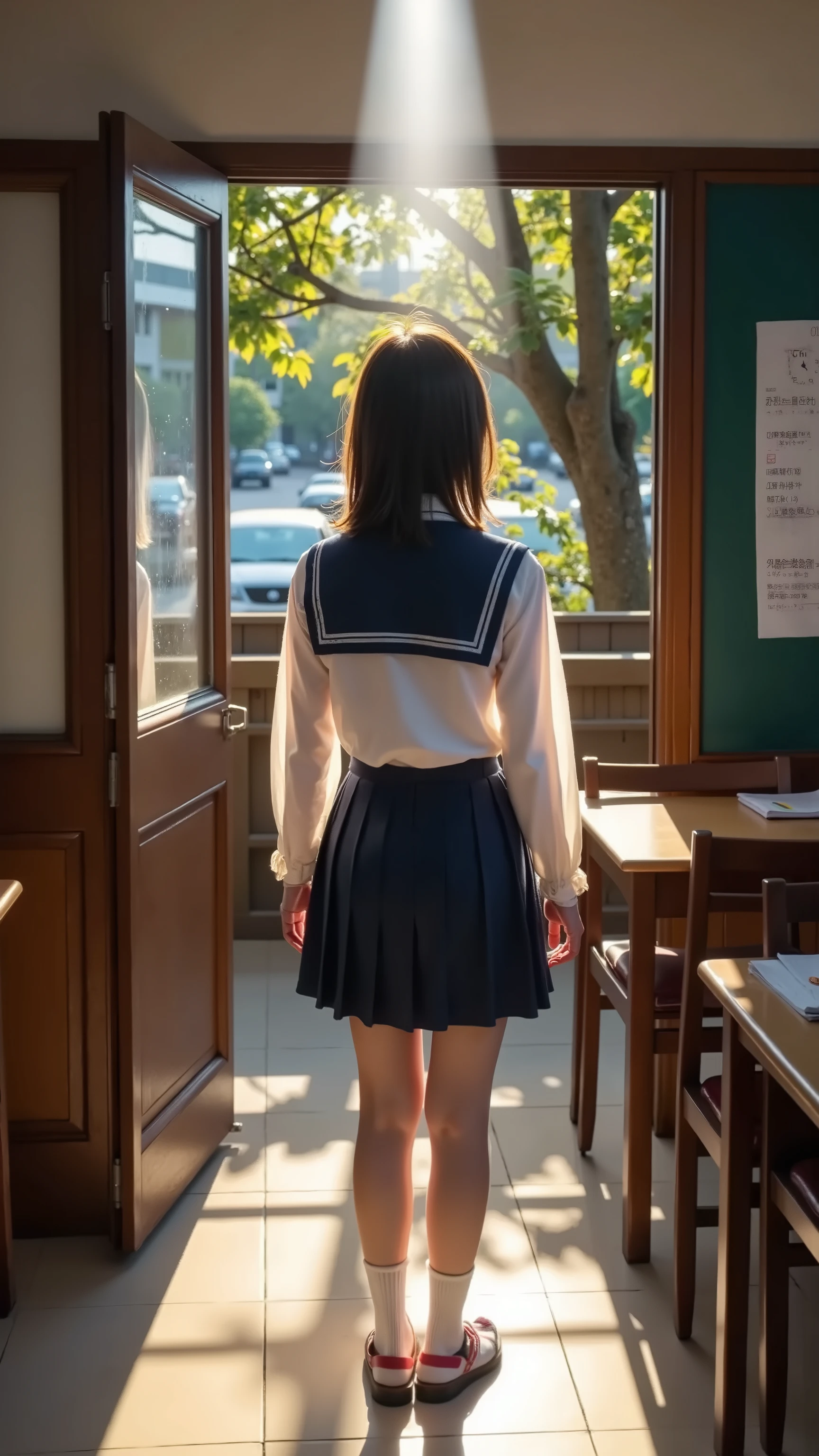 ((distortion in a different dimension that suddenly appears in a girls' high school classroom))、Streaks of light drift through the air、like a rainbow aurora from the window Light shines in。and a strange force field barrier is placed on the classroom door、and can't go outside。((High school girls in uniform are in a panic with expressions of astonishment and fear))。(some students hide under their desks、the other students photograph the situation with their smartphones:1.2、and another student is trying to look out of the window:1.2)。((strange symbols appear on the blackboard in the classroom))、the hands of the clock spin like crazy。the mysterious light at dusk illuminates the classroom、wrapped in a mysterious atmosphere of tension and paranormal phenomena。showing from below {x} hyperrealism、precise detail drawing with telescope、(Composition like a scene from a movie)、Contrast of Light and Shadow。