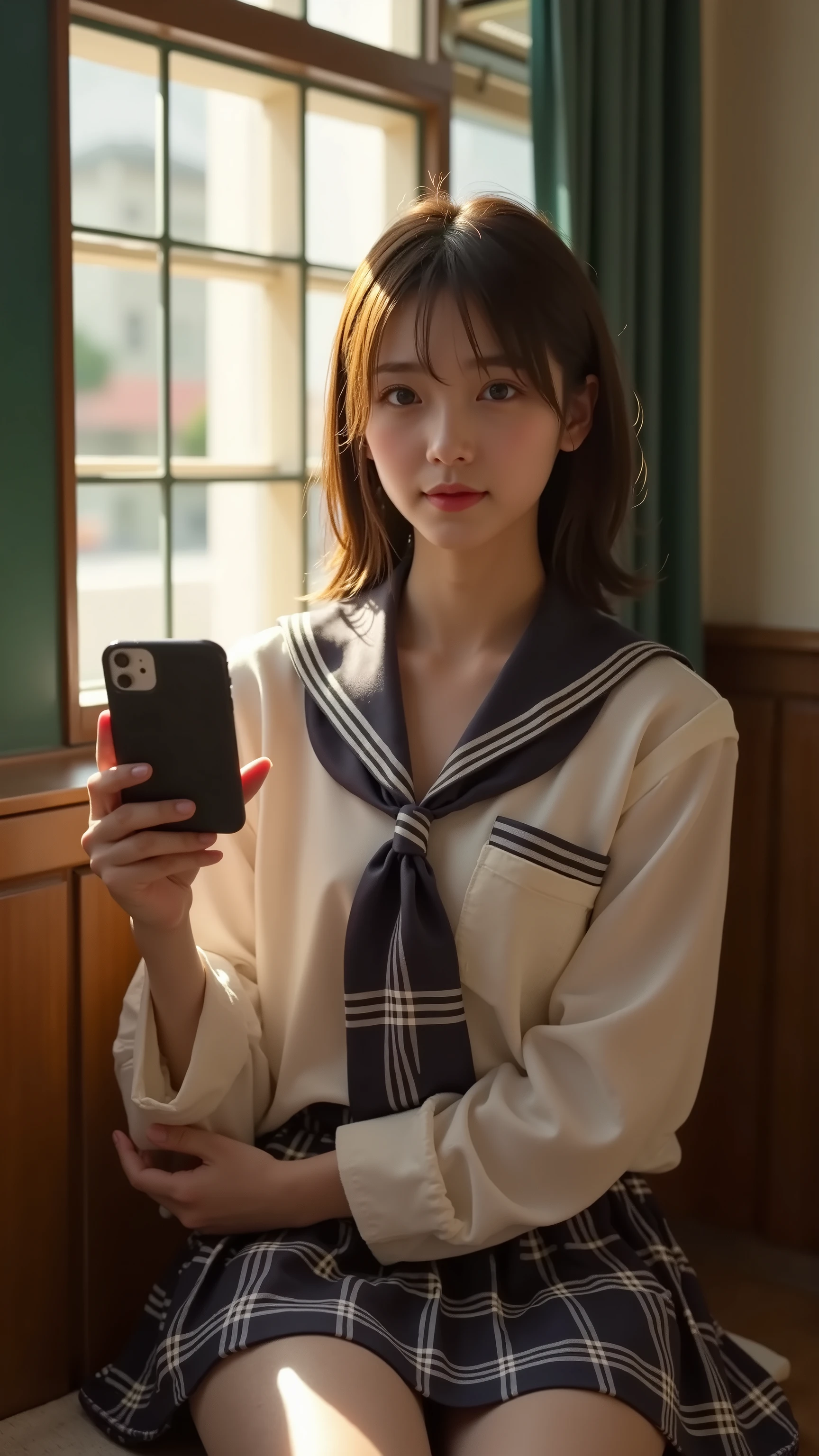 ((distortion in a different dimension that suddenly appears in a girls' high school classroom))、Streaks of light drift through the air、like a rainbow aurora from the window Light shines in。and a strange force field barrier is placed on the classroom door、and can't go outside。((High school girls in uniform are in a panic with expressions of astonishment and fear))。(some students hide under their desks、the other students photograph the situation with their smartphones:1.2、and another student is trying to look out of the window:1.2)。((strange symbols appear on the blackboard in the classroom))、the hands of the clock spin like crazy。the mysterious light at dusk illuminates the classroom、wrapped in a mysterious atmosphere of tension and paranormal phenomena。showing from below {x} hyperrealism、precise detail drawing with telescope、(Composition like a scene from a movie)、Contrast of Light and Shadow。