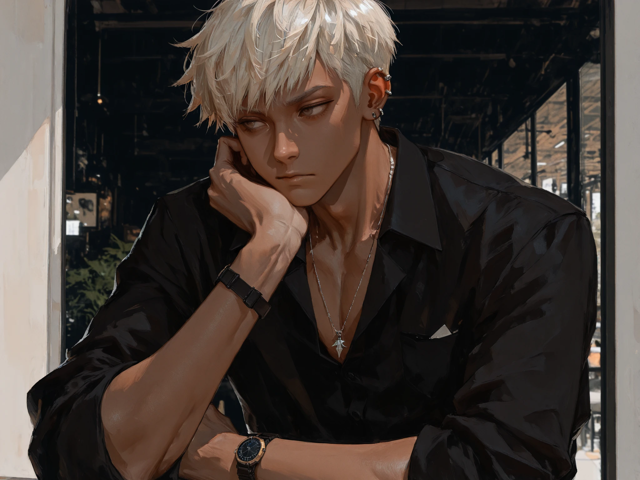 close-up, front shot, looking away, makes an aesthetic, Master piece, Best Quality, ultra detailed, (a handsome boy:1.3), solo, (male:1.6)short platinum-blonde hair, pixie cut, toned, dark skinned, black collared shirts, a simple necklace, arm-watch, piercing, thinking, cheek rest, bright office, Beautifully detailed background, morning