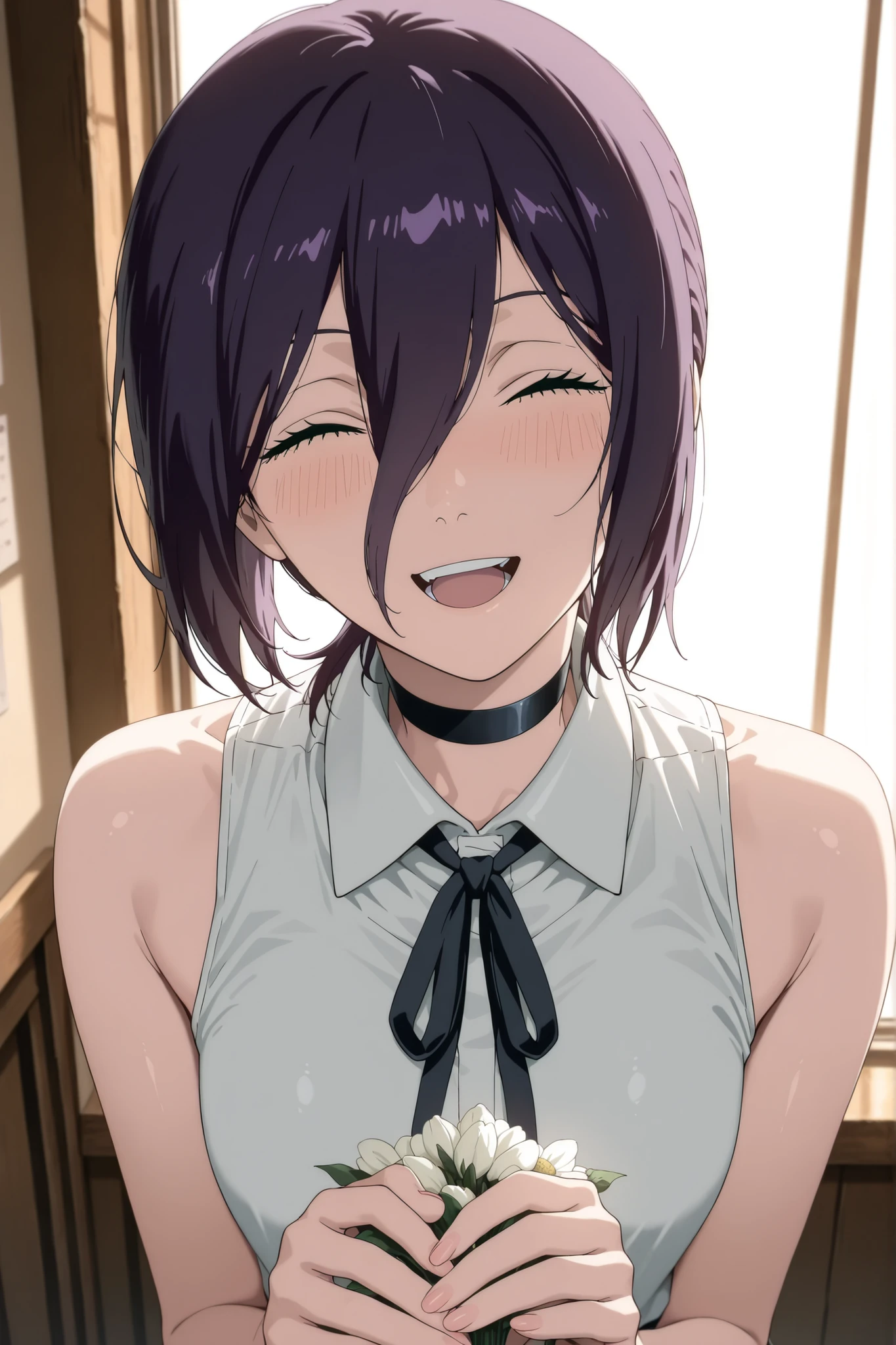 masterpiece, best quality, newest, very awa, masterpiece, best quality, absolutely absurdres, very aaesthetic, newest, anime screencap, solo,reze, chainsaw man, navy hair, green eyes,black choker, purple hair, choker, eyebrows hidden by hair, green eyes, hair between eyes, long bangs, medium hair,,bare shoulders, black ribbon, black shorts, collar, collared shirt, neck ribbon, ribbon, shirt, shorts, sleeveless, sleeveless shirt, white shirt, BREAK, cowboy shot, Masterpiece, perfect female body, small waist, (incredibly detailed:1.4), slim, beautiful fingers, beautiful skin, proportional body, proportional, beautiful hair, beautiful face, beautiful detailed eyes, beautiful clavicle, beautiful body, beautiful chest, beautiful thigh, beautiful legs, beautiful fingers, detailed eyelash, , upper body, blush, backlight, smile, face focus, both hand holding bouquet, white Bellis perennis, front view, closed eyes, open mouth, bouquet in front of face, looking at viewer, head tilted,