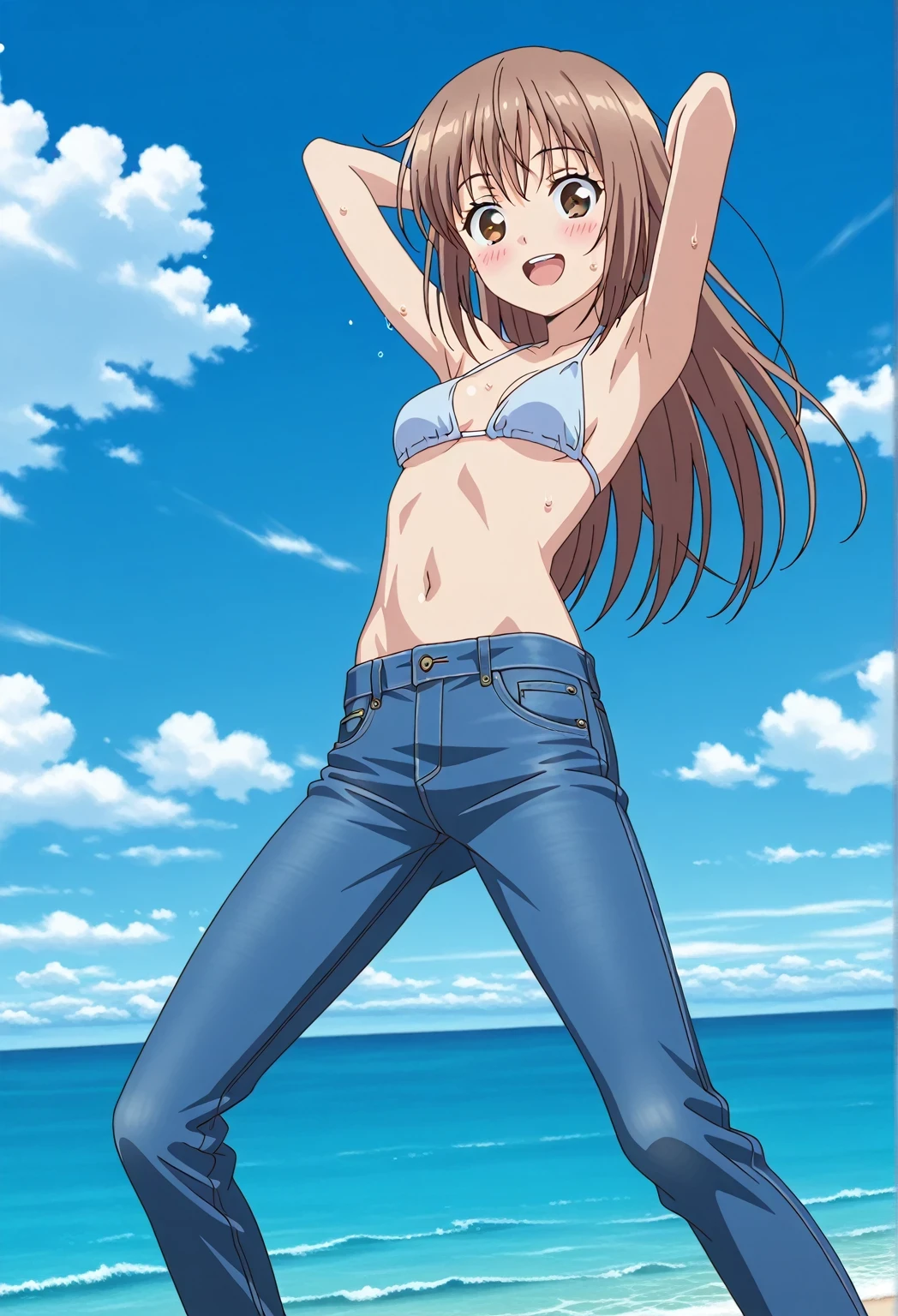score_9, score_8_up, score_7_up, source_anime, highres, hi res, ((best quality, top quality, perfect quality, Highest Quality, amazing quality)), {{masterpiece}}, {{an extremely delicate and beautiful}}, 2d, intricate details, official style, anime, 8k, anime style, official_anime, official art, digital painting, cell shading, soft shading, high resolution, soothing tones, Subdued Color, Soft cinematic light, adobe lightroom, photolab, HDR, intricately and hyper-detailed, ((high quality animation)), 1 girl, Alone, solo, ((ocean)), tsunami, on the water, day, sunny, outdoors, sky, windy, sally, long hair, brown hair, brown eyes, anime screencap, small breasts, light blue bikini top, best quality, hyper-detailed jeans, ((blue jeans:1.9)), (dark blue jeans:0.6), full medium body, medium shot, Open mouth, smiling, happy face, blush, sweat, standing, ((arms behind head:6.0)), bowlegged, sliding pose, action, looking at viewer, spread legs, Bend knees slightly, straight-on front view