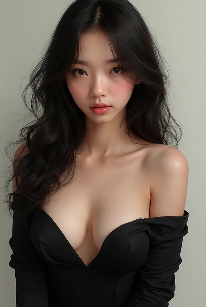 dark grey background, professional lighting, slim Asian girl, black haired girl wearing hoodie, Korean girl, (Best Quality, 8k, Masterpiece, UHD:1.3), (long wavy hair), Perfect Body, Ultra Detailed Face, Detailed Lips, Fine Eyes, double eyelids, (cleavage, , small :1.2)
