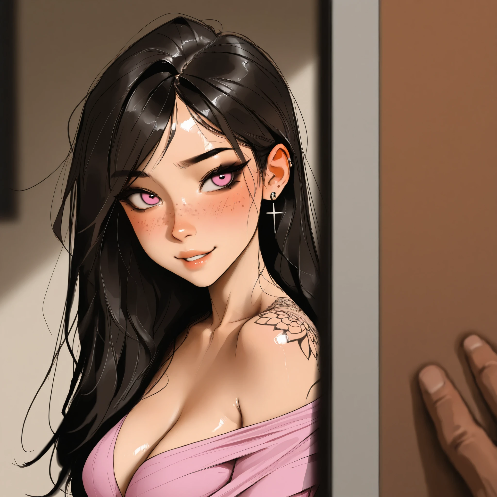 masterpiece, best quality, very aesthetic, movie quality, depth of field, soft saturation, focused subject, ,official style, shiny skin,1girl, long hair, long black hair, pastel pink_eyes, swept bangs, tattoos, feline eyeliner, e-girl, slender body,, (M1lkG0re:1.2), ,, medium breasts, , , shirow masamune, sam yang, full-body-tattoos, , dark eye makeup, freckles, blush, piercings, nose stud, , girl is cheating on her boyfriend, (((netorare))), teasing expression, bbc, ntr, cuckold,, after sex, feigning innocence, hiding evidence of sex, disheveled appearance, Trixie Tang, disheveled clothes, big cock off screen