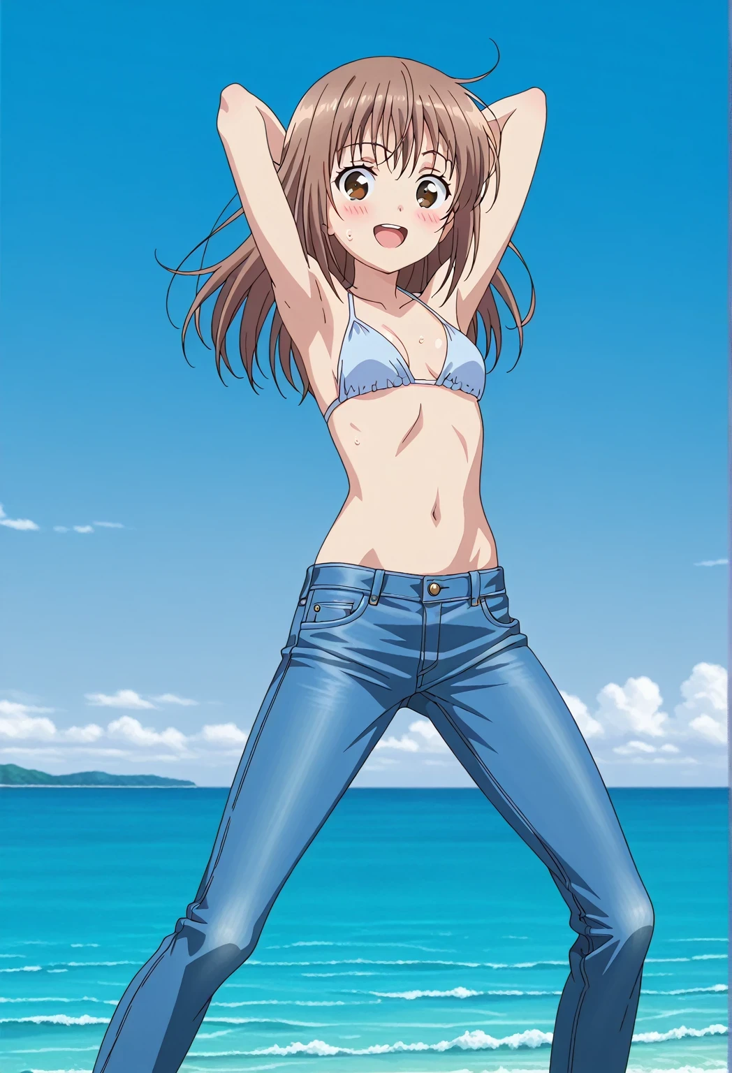 score_9, score_8_up, score_7_up, source_anime, highres, hi res, ((best quality, top quality, perfect quality, Highest Quality, amazing quality)), {{masterpiece}}, {{an extremely delicate and beautiful}}, 2d, intricate details, official style, anime, 8k, anime style, official_anime, official art, digital painting, cell shading, soft shading, high resolution, soothing tones, Subdued Color, Soft cinematic light, adobe lightroom, photolab, HDR, intricately and hyper-detailed, ((high quality animation)), 1 girl, Alone, solo, ((ocean)), tsunami, on the water, day, sunny, outdoors, sky, windy, sally, long hair, brown hair, brown eyes, anime screencap, small breasts, light blue bikini top, best quality, hyper-detailed jeans, ((blue jeans:1.9)), (dark blue jeans:0.6), full medium body, medium shot, Open mouth, smiling, happy face, blush, sweat, standing, ((arms behind head:6.0)), bowlegged, sliding pose, action, looking at viewer, spread legs, Bend knees slightly, straight-on front view