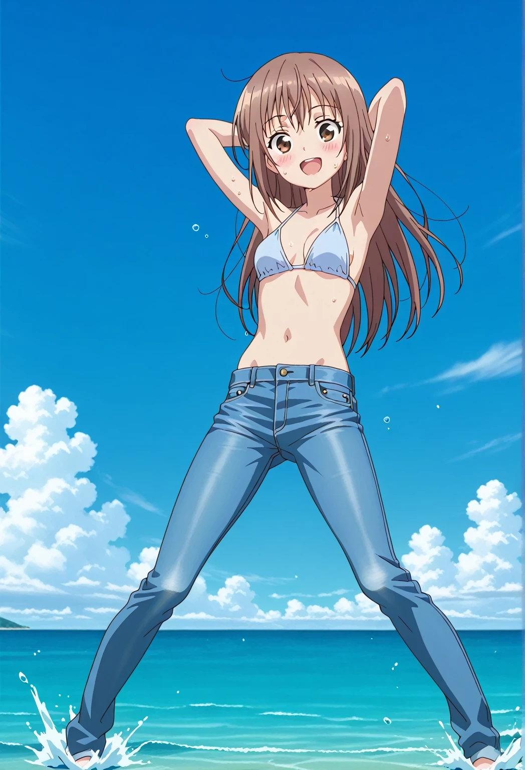 score_9, score_8_up, score_7_up, source_anime, highres, hi res, ((best quality, top quality, perfect quality, Highest Quality, amazing quality)), {{masterpiece}}, {{an extremely delicate and beautiful}}, 2d, intricate details, official style, anime, 8k, anime style, official_anime, official art, digital painting, cell shading, soft shading, high resolution, soothing tones, Subdued Color, Soft cinematic light, adobe lightroom, photolab, HDR, intricately and hyper-detailed, ((high quality animation)), 1 girl, Alone, solo, ((ocean)), tsunami, on the water, day, sunny, outdoors, sky, windy, sally, long hair, brown hair, brown eyes, anime screencap, small breasts, light blue bikini top, best quality, hyper-detailed jeans, ((blue jeans:1.9)), (dark blue jeans:0.6), full medium body, medium shot, Open mouth, smiling, happy face, blush, sweat, standing, ((arms behind head:6.0)), bowlegged, sliding pose, action, looking at viewer, spread legs, Bend knees slightly, straight-on front view