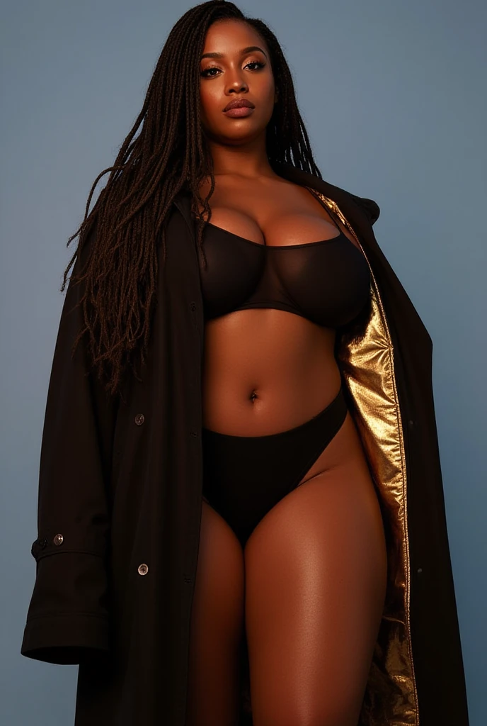 black skinned woman , 40 years, black fur , busty , Without trousers,  ,Full body facing forward
