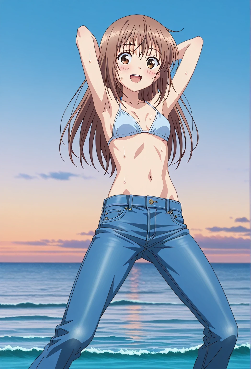 score_9, score_8_up, score_7_up, source_anime, highres, hi res, ((best quality, top quality, perfect quality, Highest Quality, amazing quality)), {{masterpiece}}, {{an extremely delicate and beautiful}}, 2d, intricate details, official style, anime, 8k, anime style, official_anime, official art, digital painting, cell shading, soft shading, high resolution, soothing tones, Subdued Color, Soft cinematic light, adobe lightroom, photolab, HDR, intricately and hyper-detailed, ((high quality animation)), 1 girl, Alone, solo, ((ocean)), tsunami, on the water, day, sunny, outdoors, sky, windy, sally, long hair, brown hair, brown eyes, anime screencap, small breasts, light blue bikini top, best quality, hyper-detailed jeans, ((blue jeans:1.9)), (dark blue jeans:0.6), full medium body, medium shot, Open mouth, smiling, happy face, blush, sweat, standing, ((arms behind head:6.0)), bowlegged, sliding pose, action, looking at viewer, spread legs, Bend knees slightly, straight-on front view