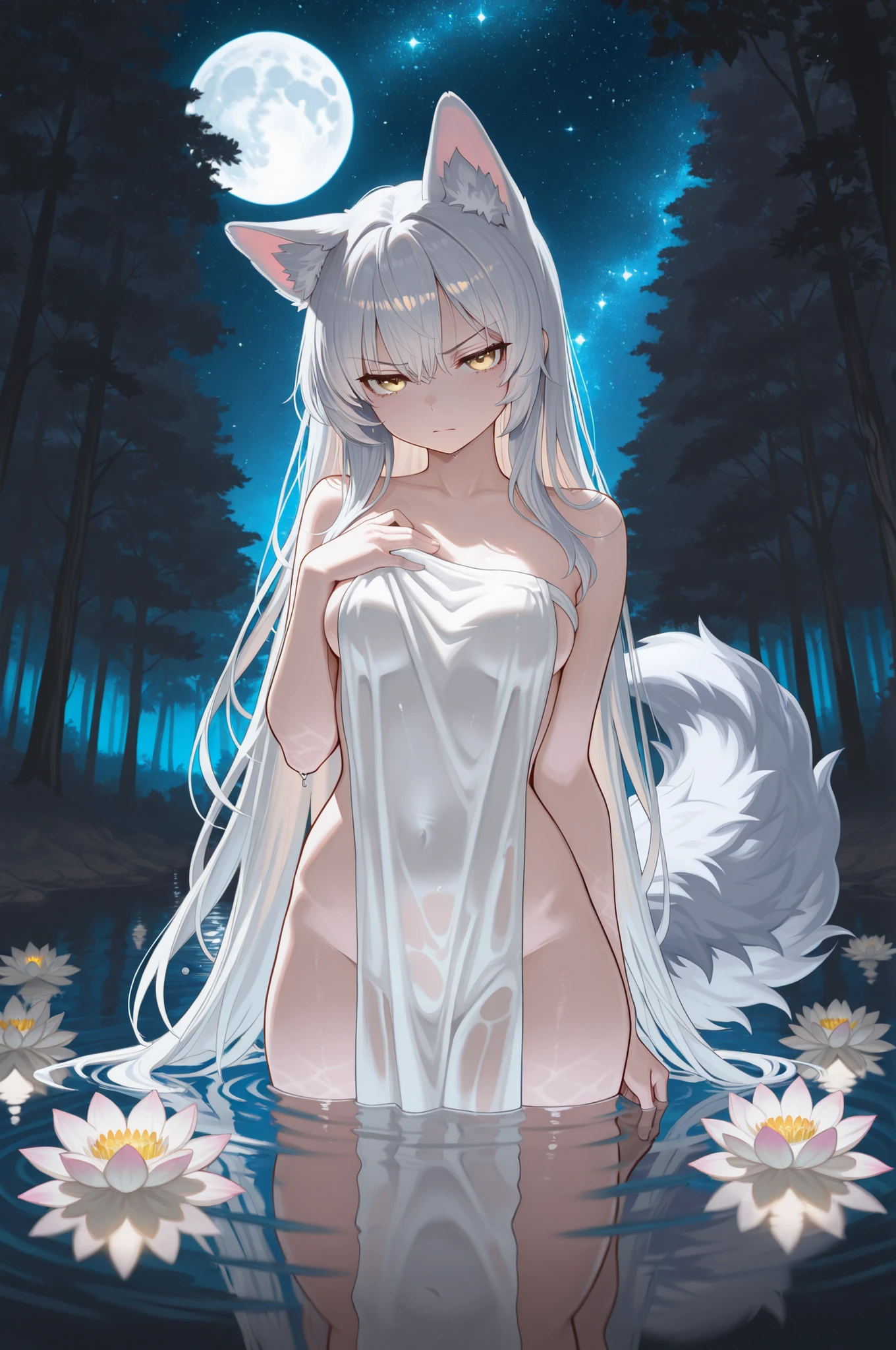 Highest Quality, masterpiece, Ultimate Details, Mysterious Beast Girl, wolf ears, Long Silver Hair, Fluffy Tails, Clear golden eyes, Glaring, keep quiet, Posture Hiding Your Chest, Bare Skin Like White Porcelain in Water, slender body, Graceful Silhouette, Composition of a Waistline Sinking to the Surface of the Water, Shining water droplets, Elegantly Decorated Colors, Shoulderline Illuminated by Moonlight, Quiet lake surface, The ripples on the surface of the water , Intrusive Night Fog, Full Moon Light , White Water Lilies Float, starry sky reflected on the surface of the water, Amazing Blue Gradation, Trees in the Deep Forest, Elegant Atmosphere, Refraction Effects of Light in the Water, Dramatic light