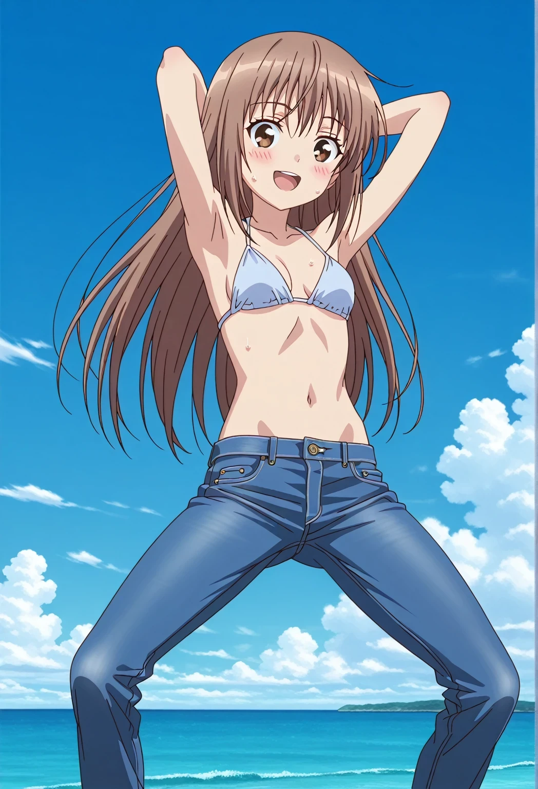 score_9, score_8_up, score_7_up, source_anime, highres, hi res, ((best quality, top quality, perfect quality, Highest Quality, amazing quality)), {{masterpiece}}, {{an extremely delicate and beautiful}}, 2d, intricate details, official style, anime, 8k, anime style, official_anime, official art, digital painting, cell shading, soft shading, high resolution, soothing tones, Subdued Color, Soft cinematic light, adobe lightroom, photolab, HDR, intricately and hyper-detailed, ((high quality animation)), 1 girl, Alone, solo, ((ocean)), tsunami, on the water, day, sunny, outdoors, sky, windy, sally, long hair, brown hair, brown eyes, anime screencap, small breasts, light blue bikini top, best quality, hyper-detailed jeans, ((blue jeans:1.9)), (dark blue jeans:0.6), full medium body, medium shot, Open mouth, smiling, happy face, blush, sweat, standing, ((arms behind head:6.0)), bowlegged, sliding pose, action, looking at viewer, spread legs, Bend knees slightly, straight-on front view