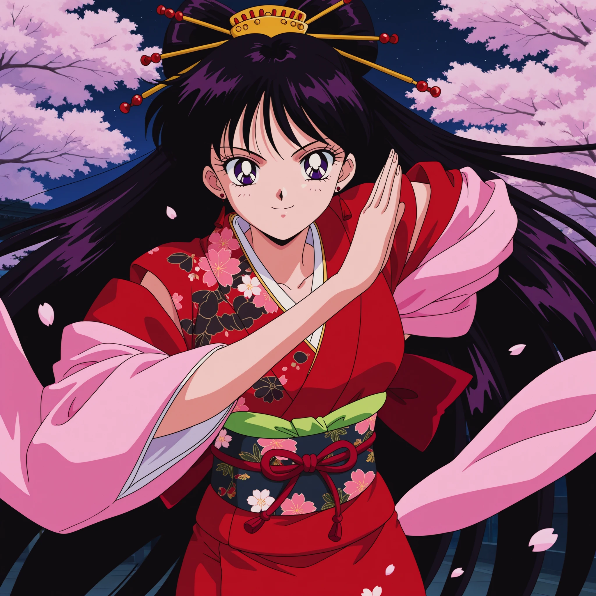 itou_ikuko,masterpiece,best quality,good quality, 1990s (style), anime coloring, retro_artstyle, 1girl,hino rei, black hair, long hair, parted bangsgeisha hairstyle, 1girl, geisha, white cherry blossoms, smile, detailed background, intricate details, black night, dynamic pose, cowboy shot, black theme