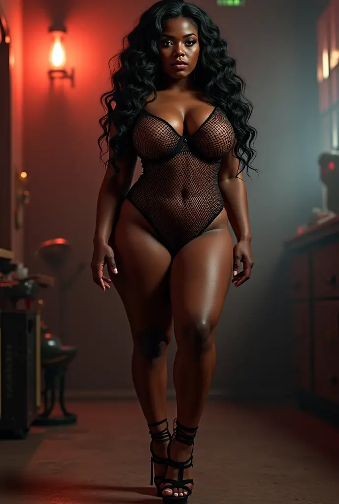 nicki minaj. back view, ((dark skin)), (big ??????, perfect hands, curvy hourglass body, wide ????, dark skin, wearing dress, dark_brown_straight_hair, hand bag, in a luxury hotel , epiCRealism