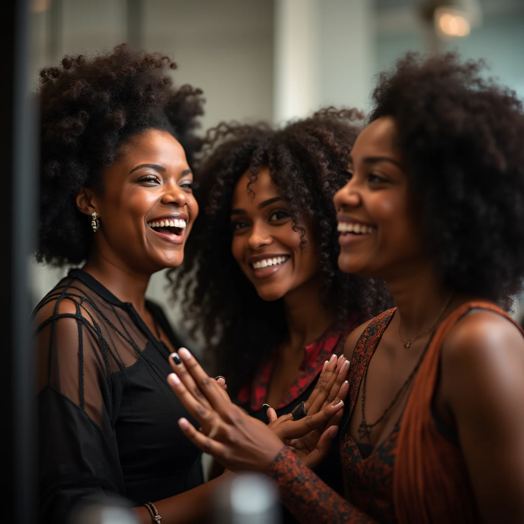 Believe me the image of a beautiful black-skinned woman with very long black hair up to her waist, with very definite laughs of her slender figure and defined body wearing an elegant blue dress in the style of Africa , with an elegant black-skinned woman with short afro red hair , dressed in an elegant yellow afro-style dress , laughing very happily these two women are standing contemplating their achievements in a large and luxurious hair salon.