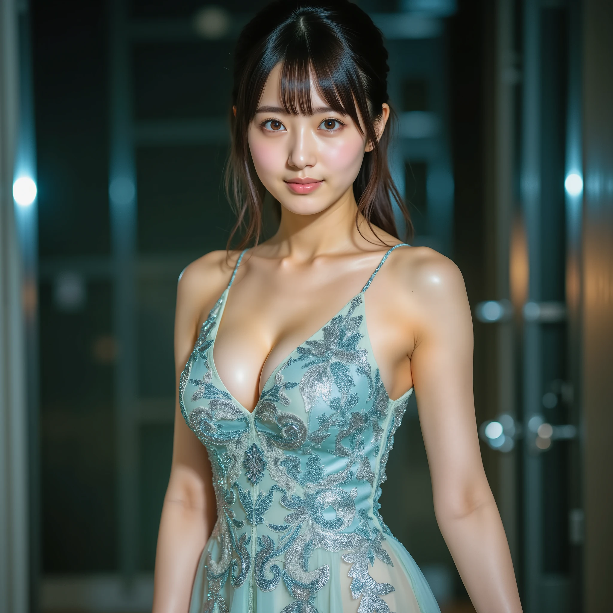 1 young very beautiful Japanese top idol woman in a sophisticated modern blue silk china dress, I'm wearing an embroidered dress based on a pale light green color, Deep slit and v-neck, wears a small handgun on her left thigh, BREAK, (Surrealistic), ultra high res, greatest masterpiece, full body shot from below, Original photo, BREAK, super detailed face, very large eyes with double eyelids, slim, slender body with F-cup chest, Detailed Skin Textures, watch viewers, BREAK, Ultra Clear Focus, Movie Lighting, (full body wide shot:1.5)