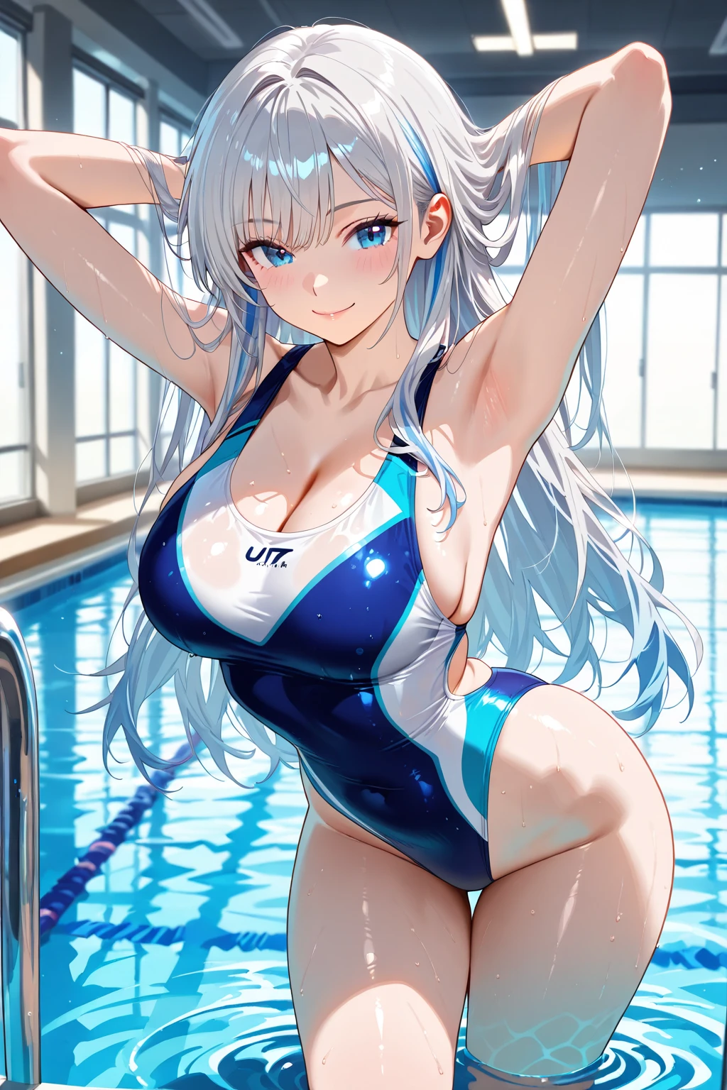 Anime Kawaii sexy Perfect Slim sensual body large breast and huge thighs, An intricate and highly detailed illustration of anime (Young girl  (cute), ((sexly)), ((Very detailed)), 4K, (8k), Highest quality,Cowboy Shot,Sexy woman, One Woman,Very large breasts,((Light blue hair color)),((Blue eyes)),(High Ponytail),((Embarrassing)),(((High leg competitive swimsuit))),Ultra-glossy body,Poolside