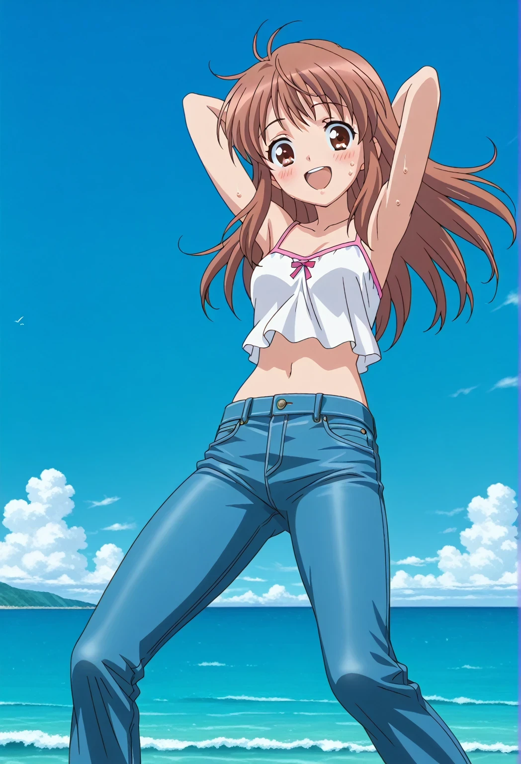 score_9, score_8_up, score_7_up, source_anime, highres, hi res, ((best quality, top quality, perfect quality, Highest Quality, amazing quality)), {{masterpiece}}, {{an extremely delicate and beautiful}}, 2d, intricate details, official style, anime, 8k, anime style, official_anime, official art, digital painting, cell shading, soft shading, high resolution, soothing tones, Subdued Color, Soft cinematic light, adobe lightroom, photolab, HDR, intricately and hyper-detailed, ((high quality animation)), 1 girl, Alone, solo, ((ocean)), tsunami, on the water, day, sunny, outdoors, sky, windy, mikuru asahina, long hair, brown hair, brown eyes, anime screencap, small breasts, white camisole top, crop top, white crop top, best quality, hyper-detailed jeans, ((blue jeans:1.9)), (dark blue jeans:0.6), full medium body, medium shot, Open mouth, smiling, happy face, blush, sweat, standing, ((arms behind head:6.0)), bowlegged, jumping pose, action, looking at viewer, spread legs, Bend knees slightly, straight-on front view