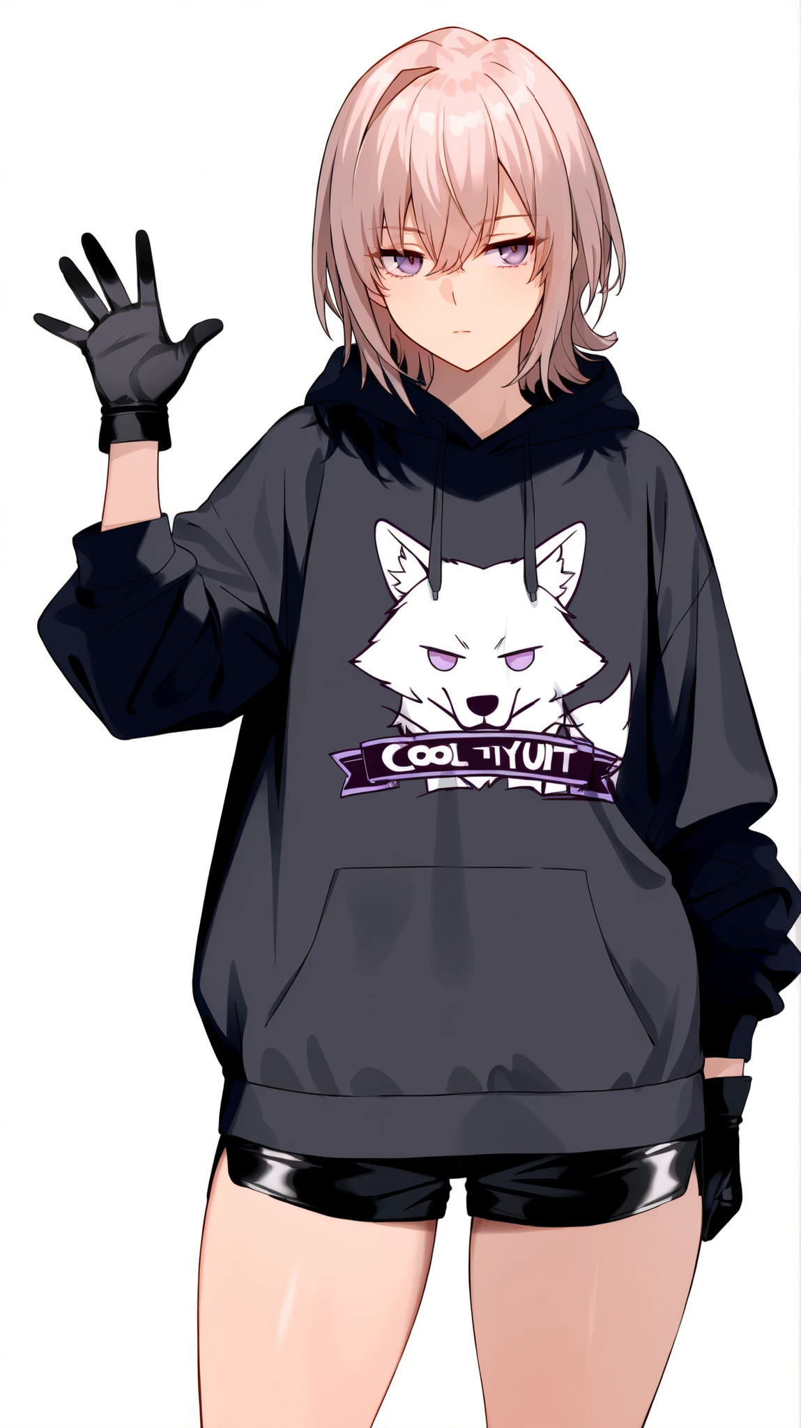 masterpiece, best quality, newest, absurdres, highres, detailed eyes, 1girl, mature, solo, light-white pink hair, short hair, wolf cut, double-parted bangs, swept bangs, single hair intake, hair between eyes, cool serious eyes, light-purple eyes, flat chest, contemporary, black hoodie, black shorts, idol clothes, sleeves, driving gloves, thighs, curvy, posing, simple background, white background,